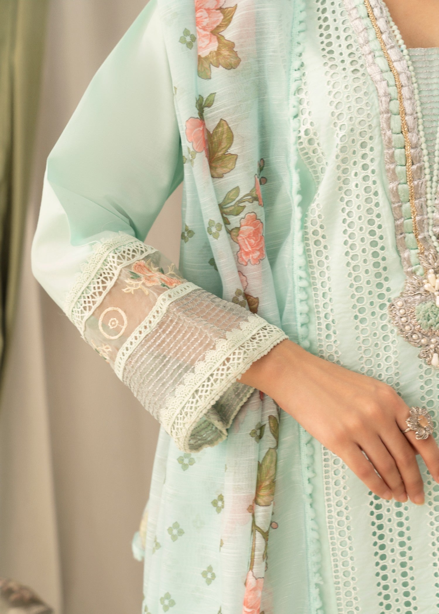 Khubsurat 3558 KH CT Ice Blue Embroidery Long Shirt Cotton Women 3pcs