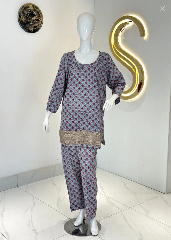 Symas Pure Soft Lawn Printed Co Ord Set with Beige Lace Women 2pcs