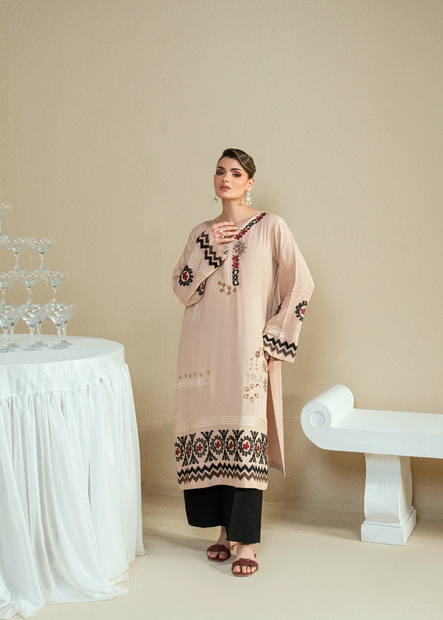 Kaanthaa KPES01 BEIGE CROSSHATCH COTTON VISCOSE STITCHED Women 2pcs