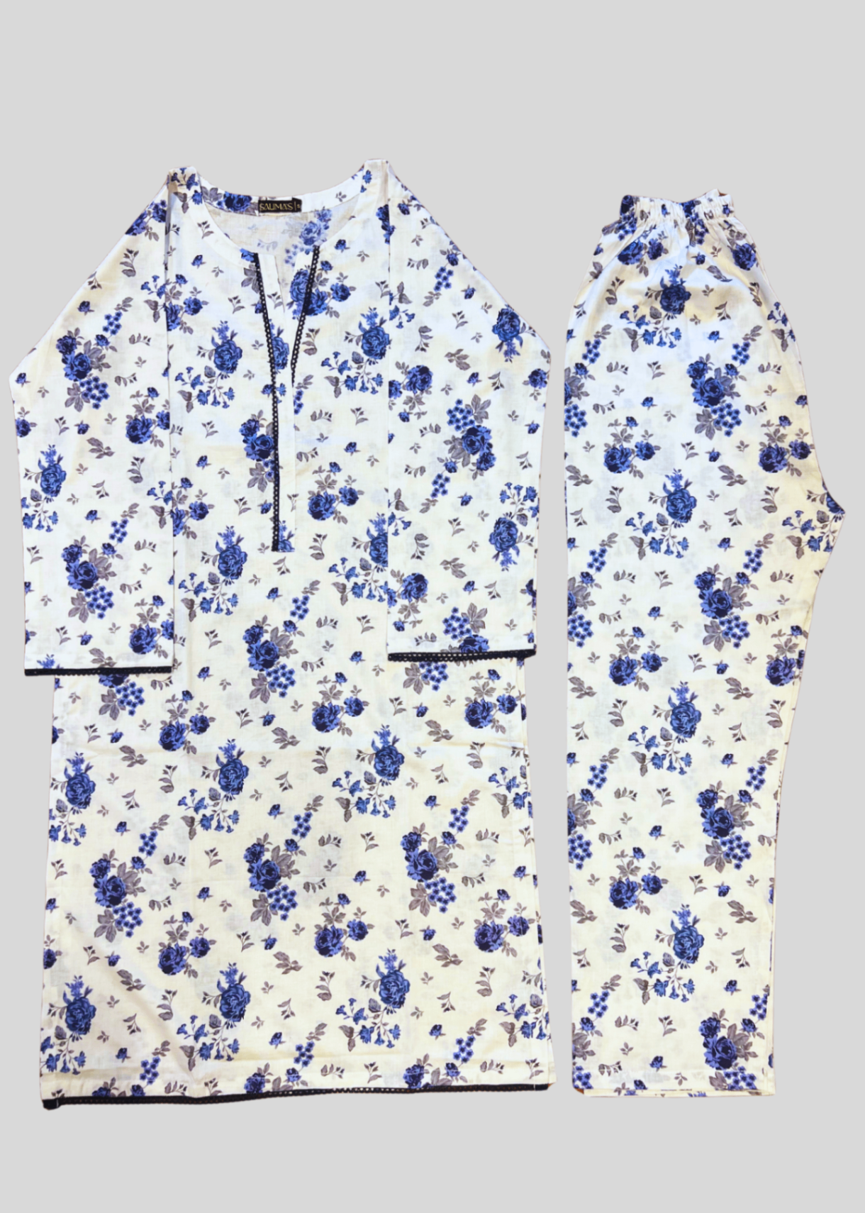 Salimas Women’s Stitched Lawn Suit – White with Blue Floral Print (Spring Collection) Women 2pcs