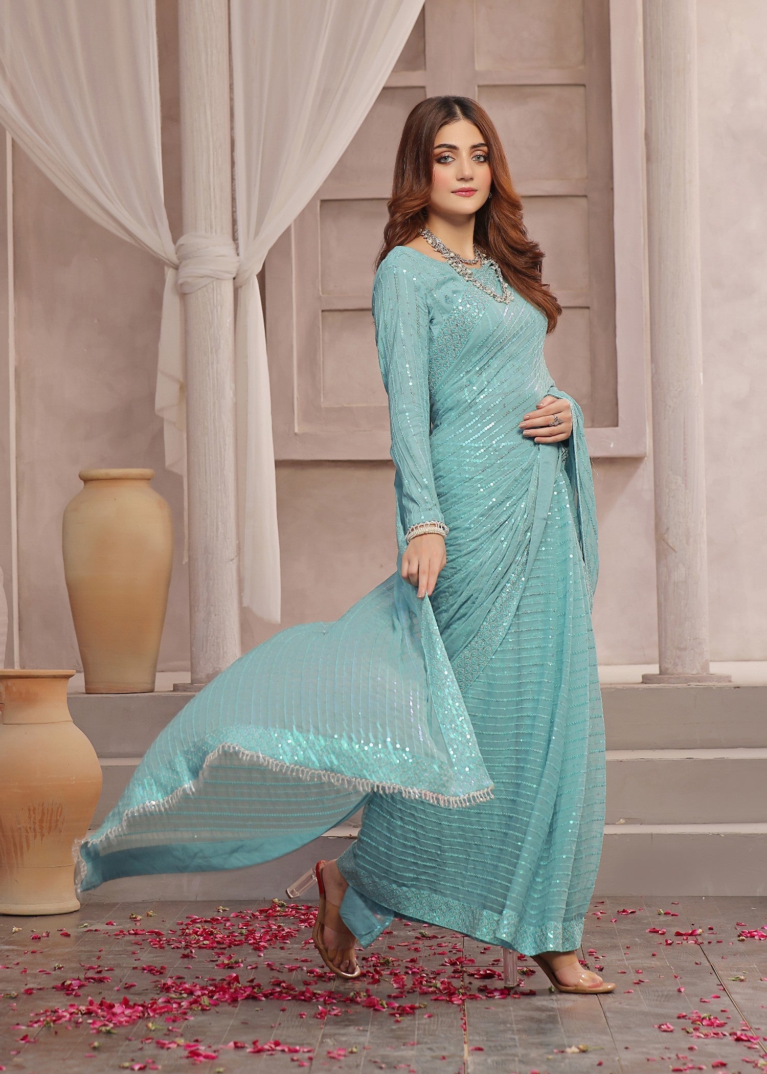 Luxeurs Ice blue Stitched Chiffon Saree Women 3pcs