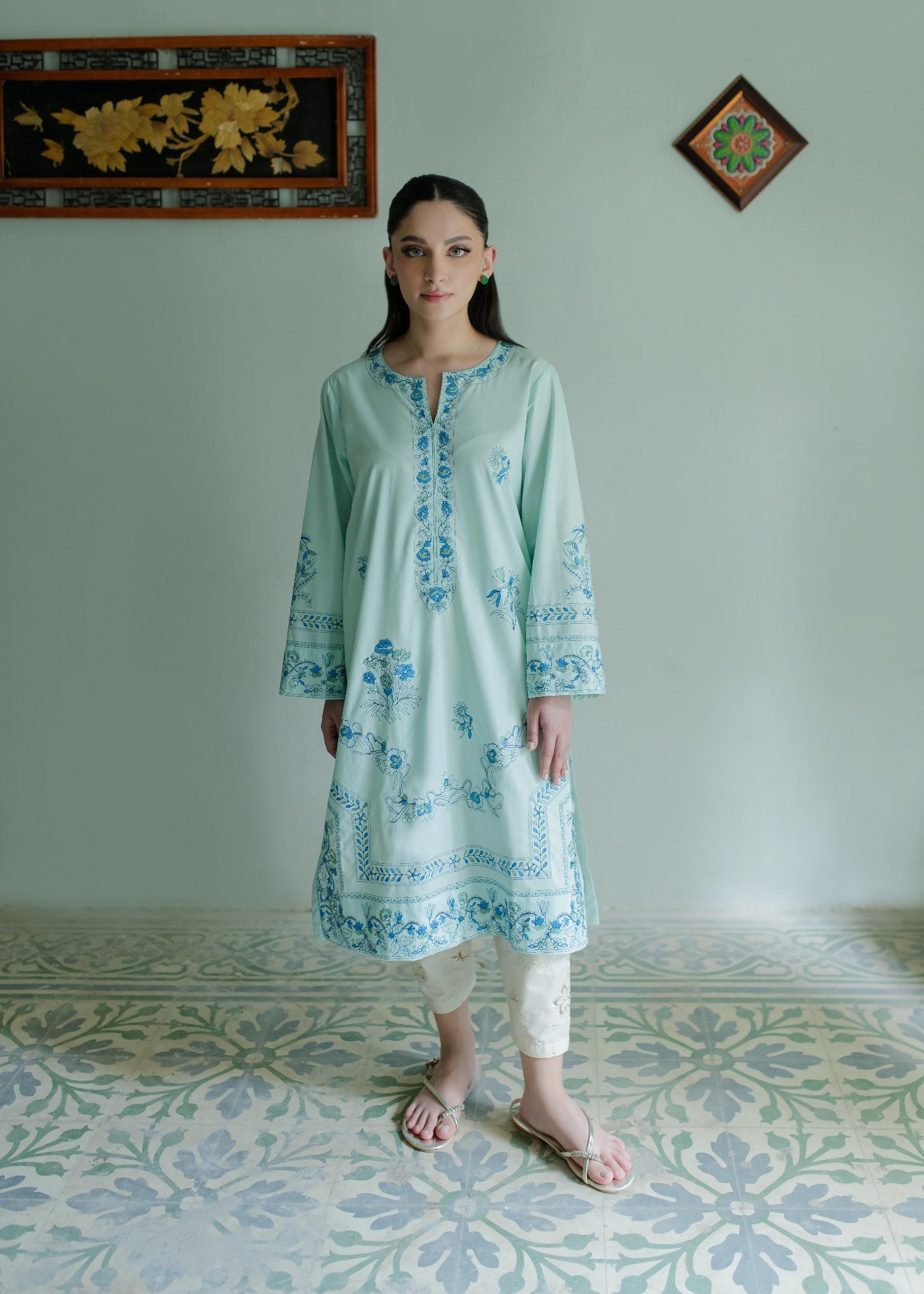 Azulie Aqua Embroidered Kurta by Women 1pcs