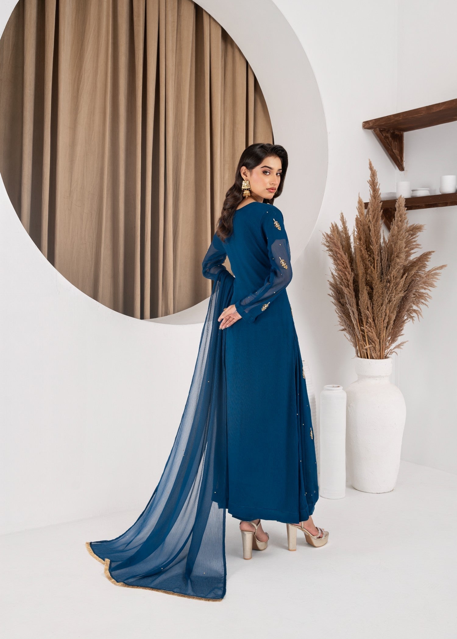 Hkb Officials Jasmine Midnight Teal Chiffon Flare Frock Women 3pcs