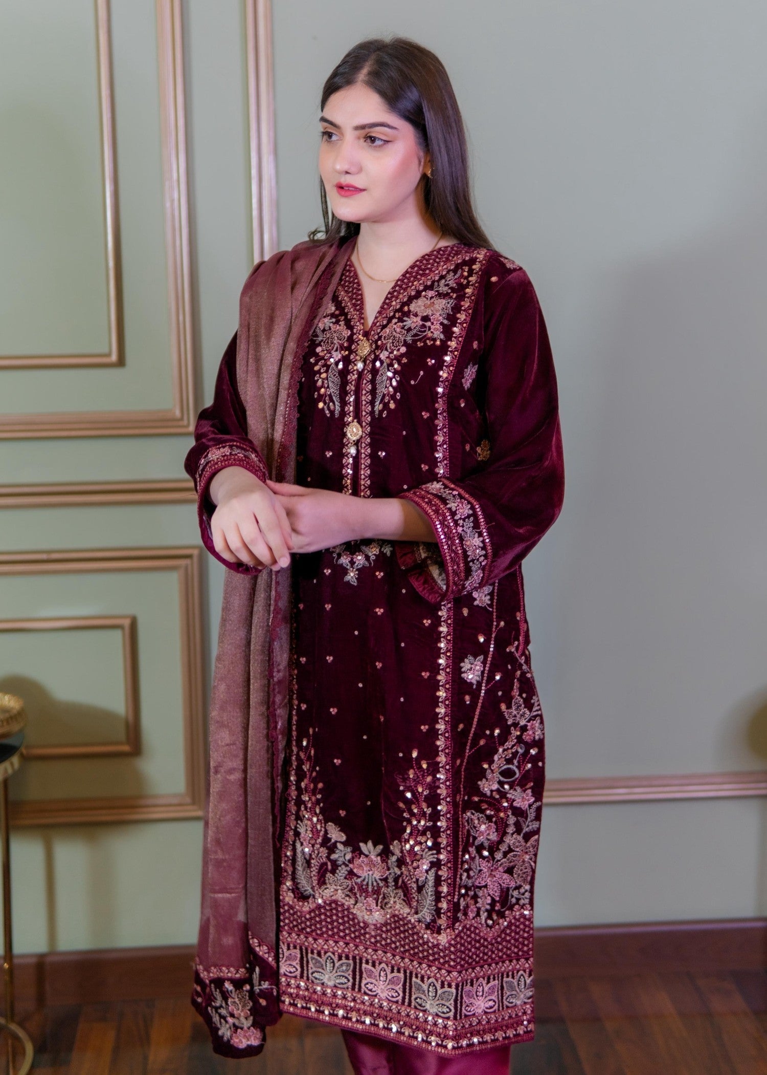 Rangoon Clothing Roshana Maroon Velvetine Women 3pcs