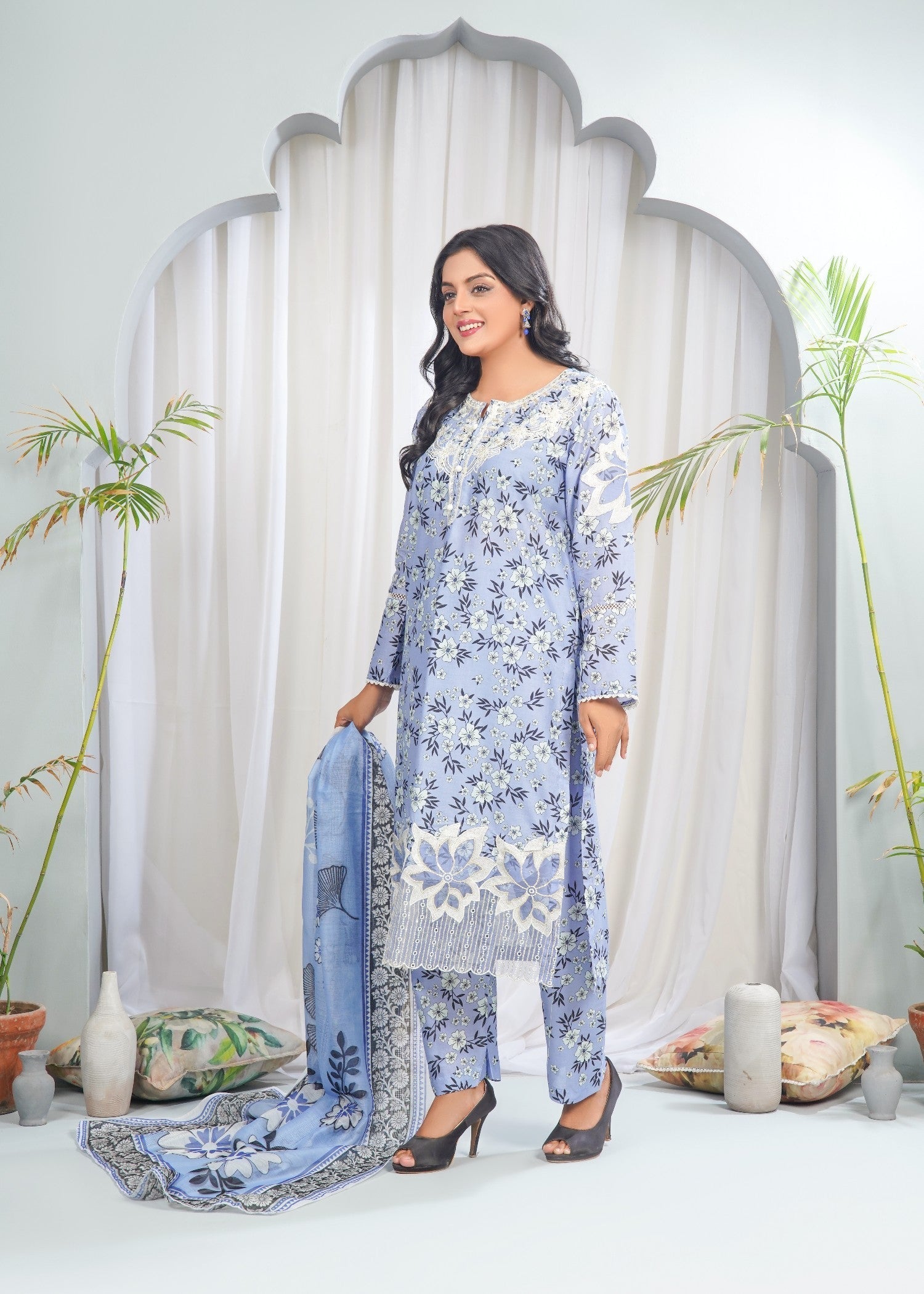 Dareechay Light Grey Print Suit FOP35 Women 3pcs
