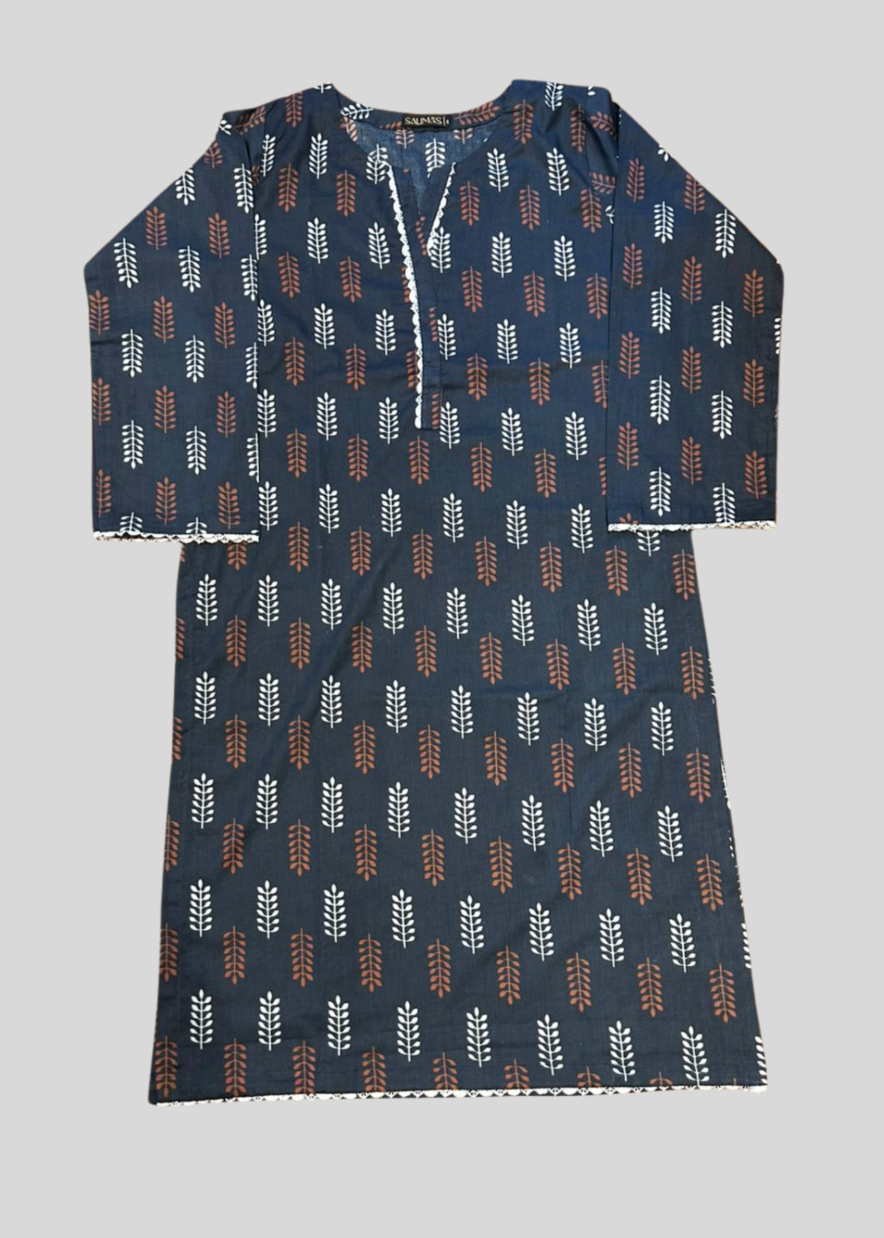 Salimas Women’s Stitched Lawn Suit – Navy Blue with White & Rust Leaf Print (Spring Collection) Women 2pcs