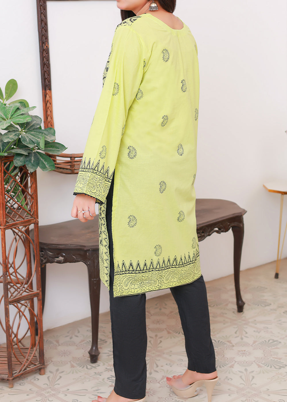 Green Block print Stitched Kurti lime Women 1pcs