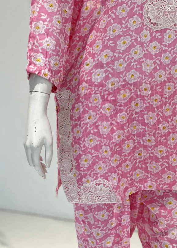 Symas Pure Lawn Printed Co Ord Set With Lace Women 2pcs