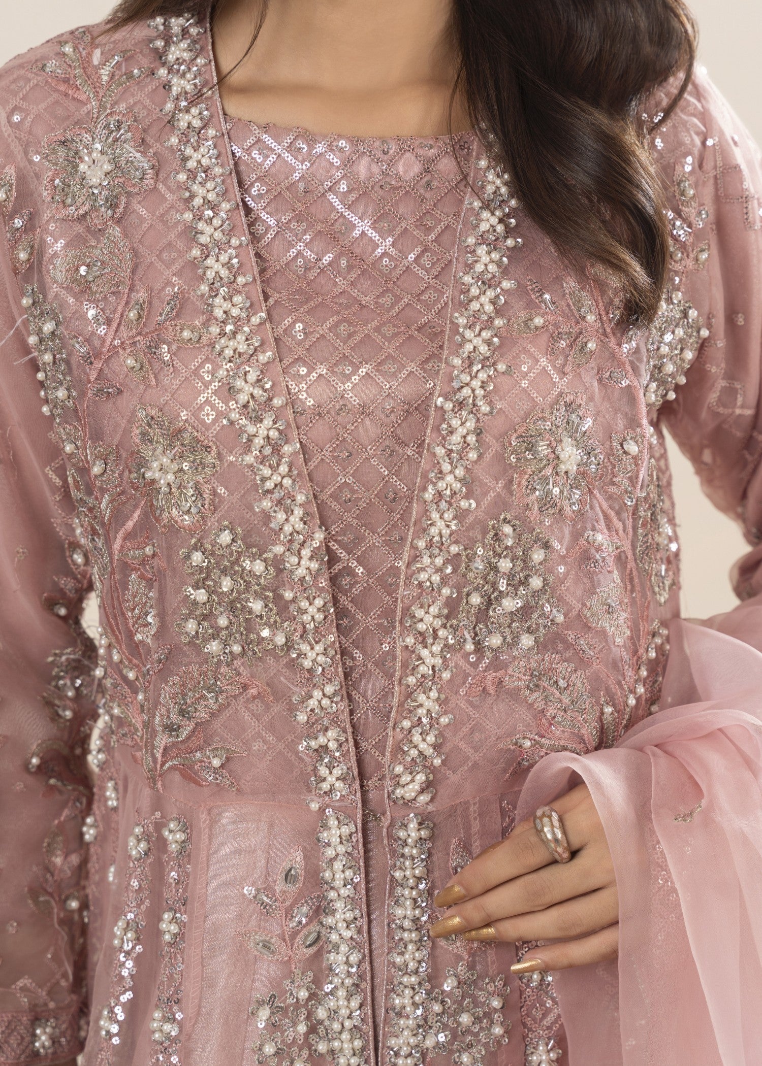 Khubsurat 3800 KH OR Pink Embroidery Pearl Embellishment Gown Women 4pcs