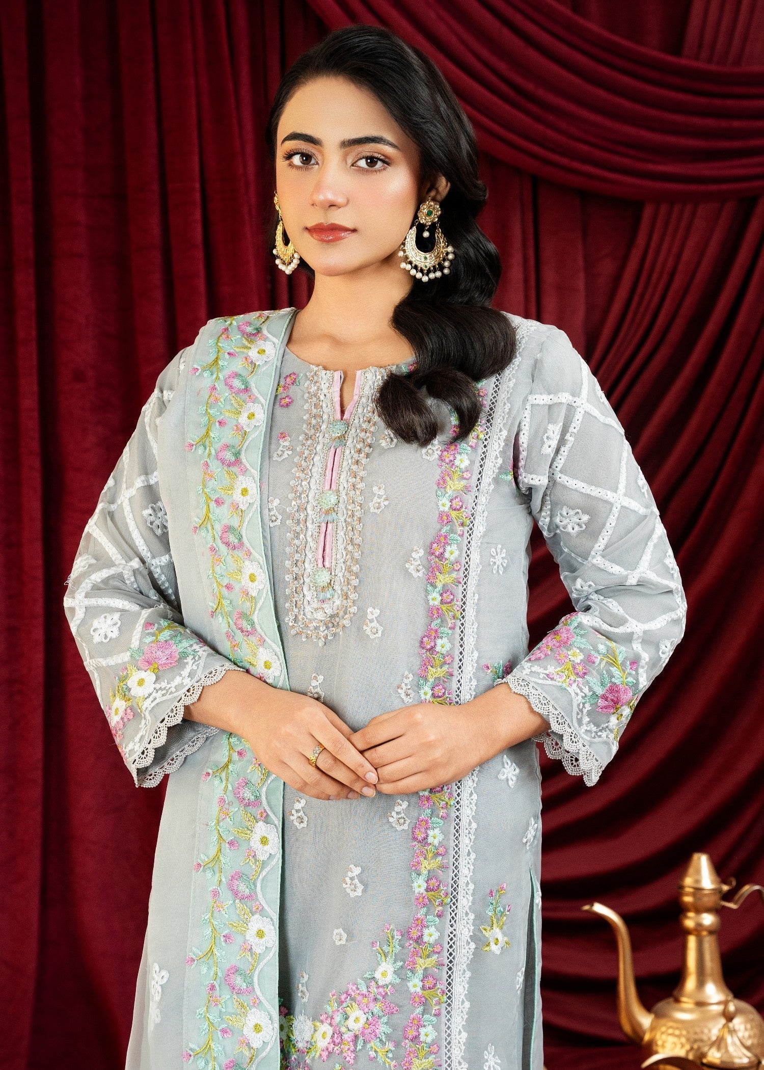 Waniya Awais WAS 177 Steel Grey Stitched Women 3pcs