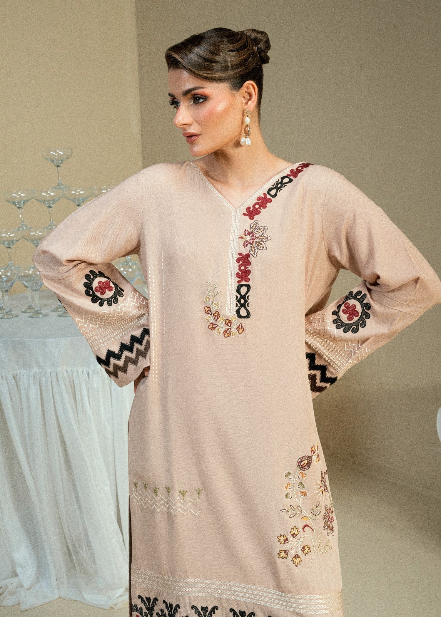 Kaanthaa KPES01 BEIGE CROSSHATCH COTTON VISCOSE STITCHED Women 2pcs