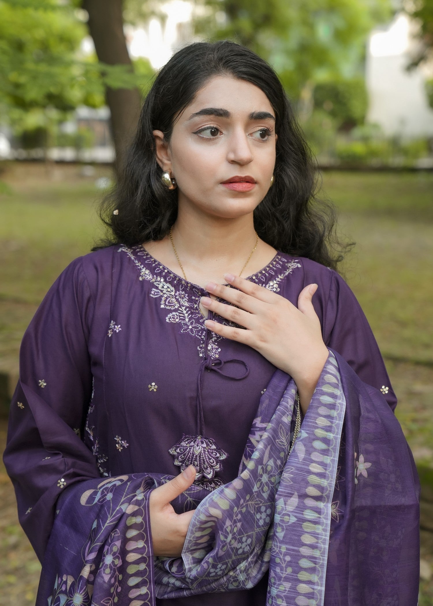 Attirepret Deep Plum Cotton Embroidered Suit Women 3pcs