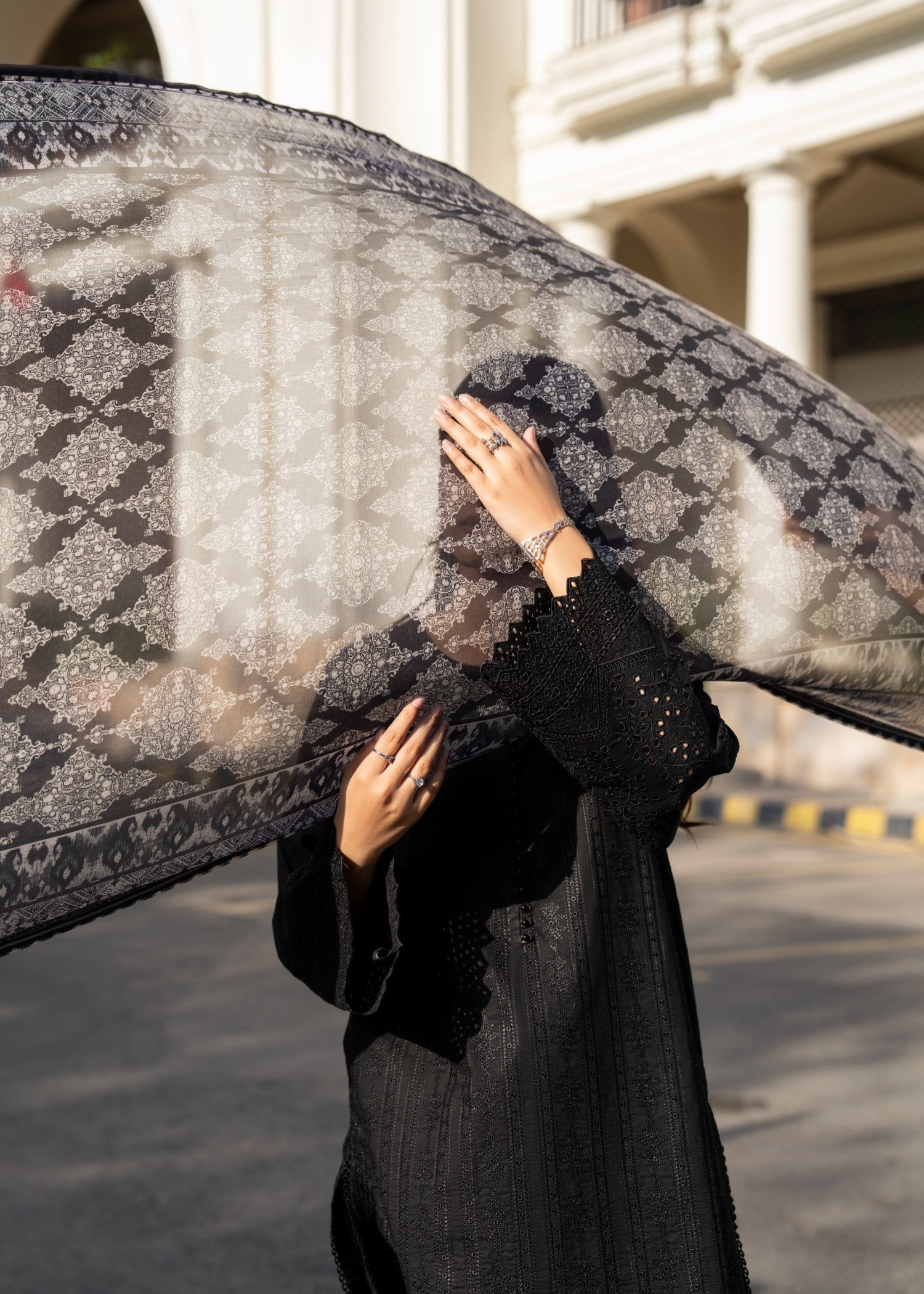 Casual Lite Cotton Emb Suit Black 2 Women 3pcs