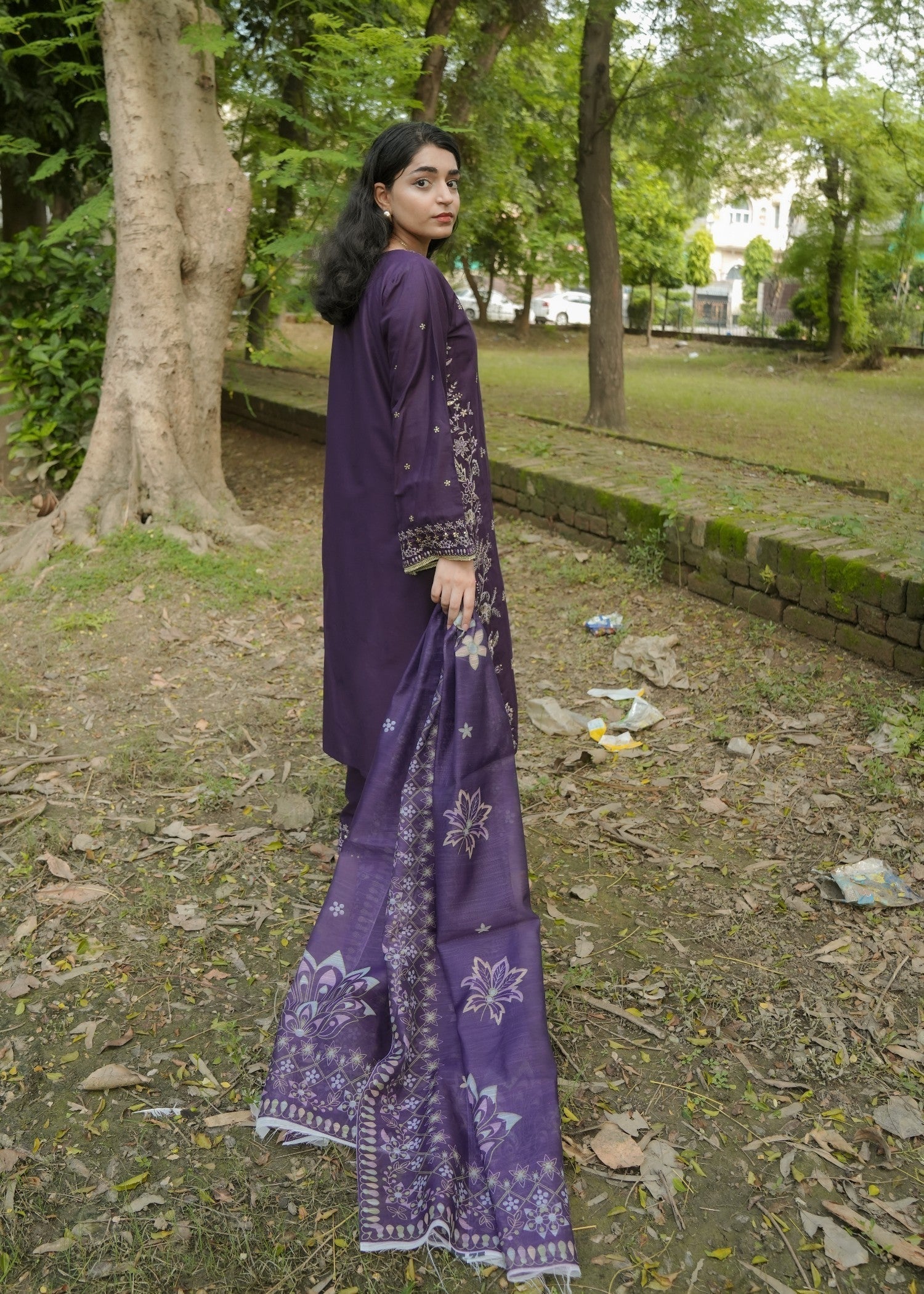 Attirepret Deep Plum Cotton Embroidered Suit Women 3pcs