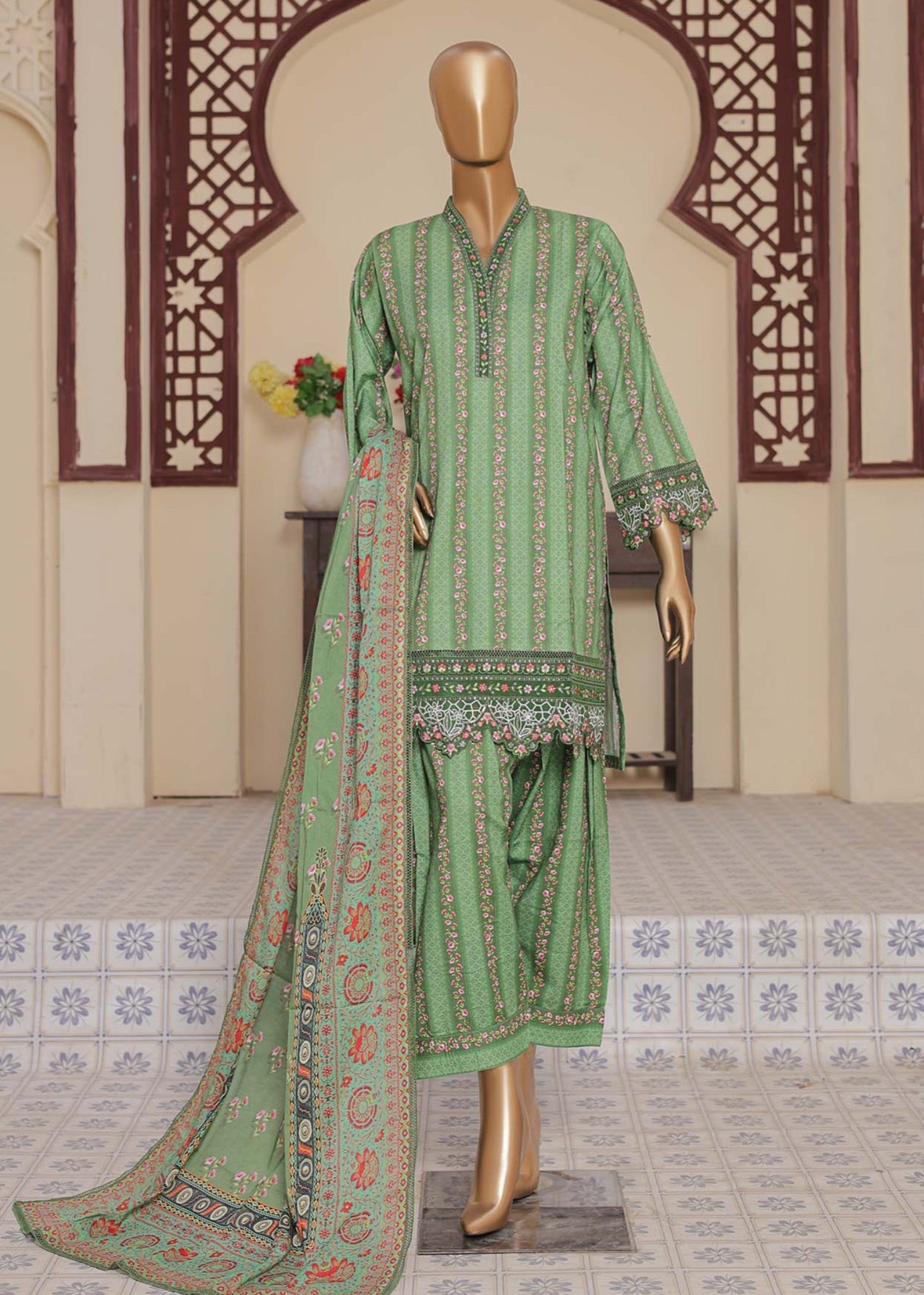 Suntex Fabrics GREEN Printed Chikankari Embroidered Collection Women 3pcs
