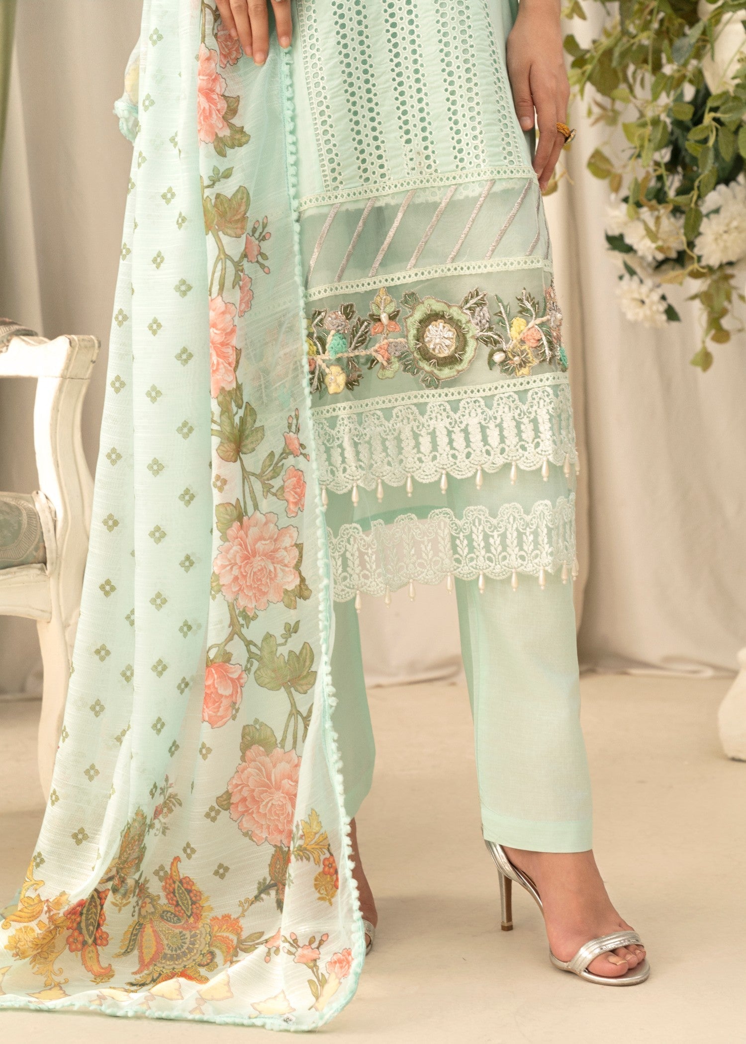 Khubsurat 3558 KH CT Ice Blue Embroidery Long Shirt Cotton Women 3pcs