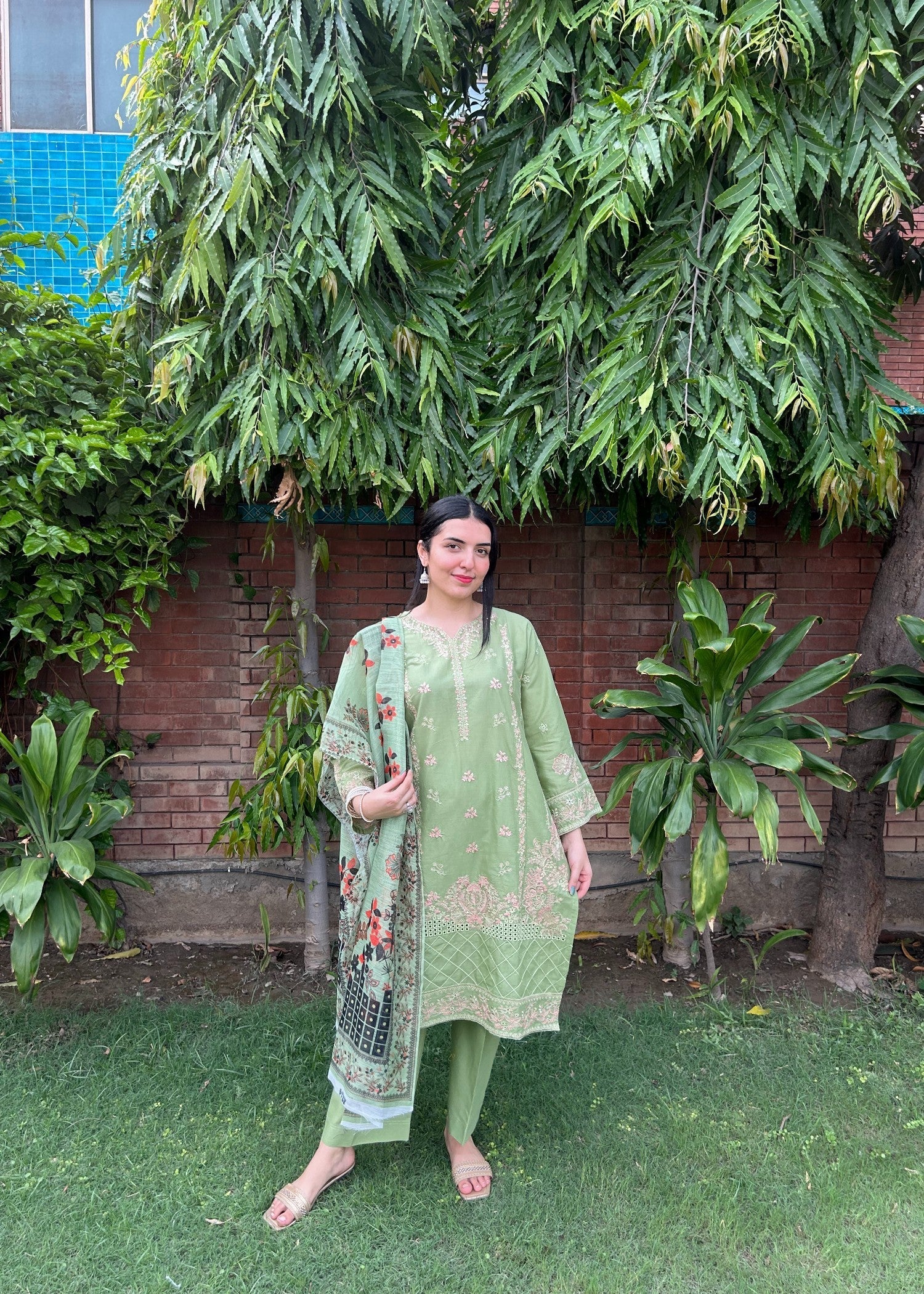 Attirepret Pista Green Cotton Embroidered Suit Women 3pcs