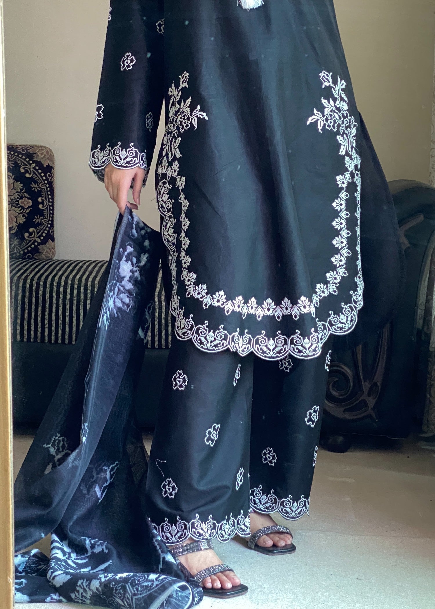 Attirepret Black Embroidered Cotton Suit Women 3pcs