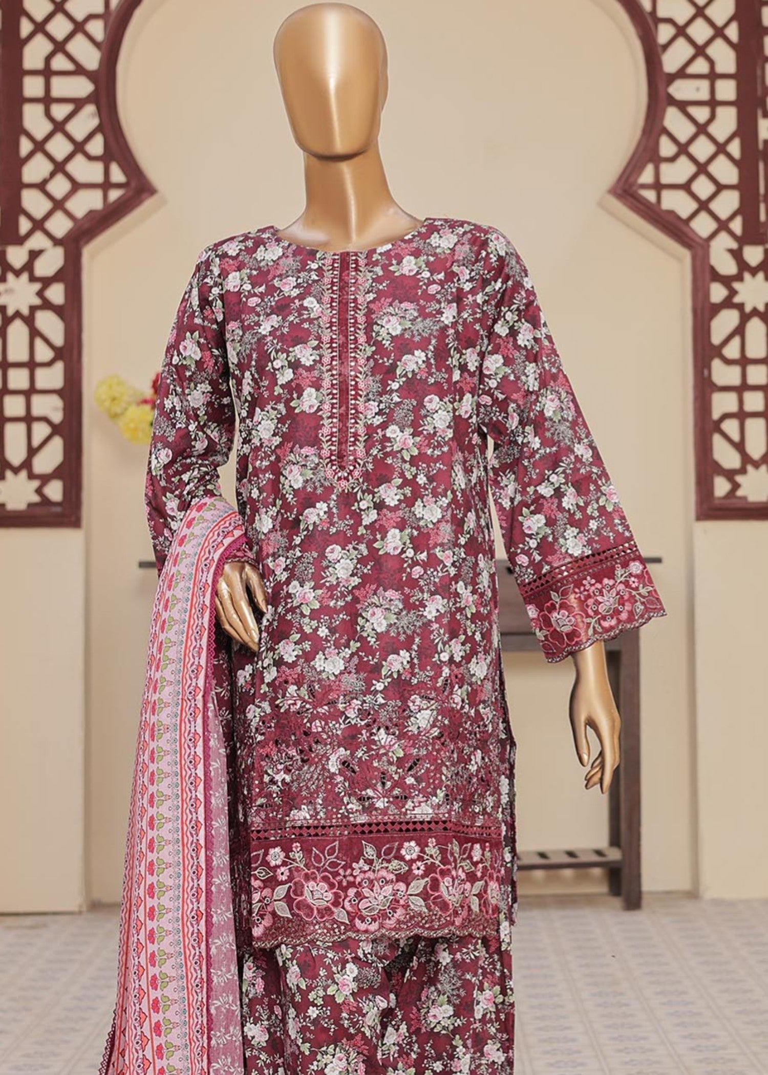 Suntex Fabrics MAROON Farshi Shalwar Printed Chikankari Embroidered Collection Women 3pcs