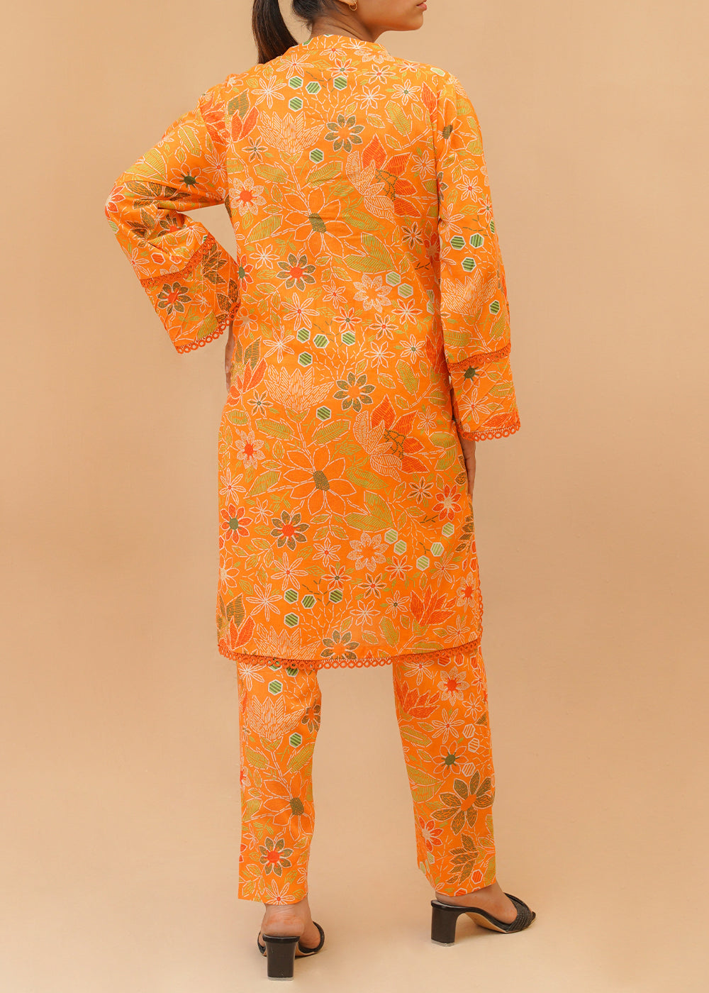 Green Orange Printed lawn stitched suit co ord set Women 2pcs