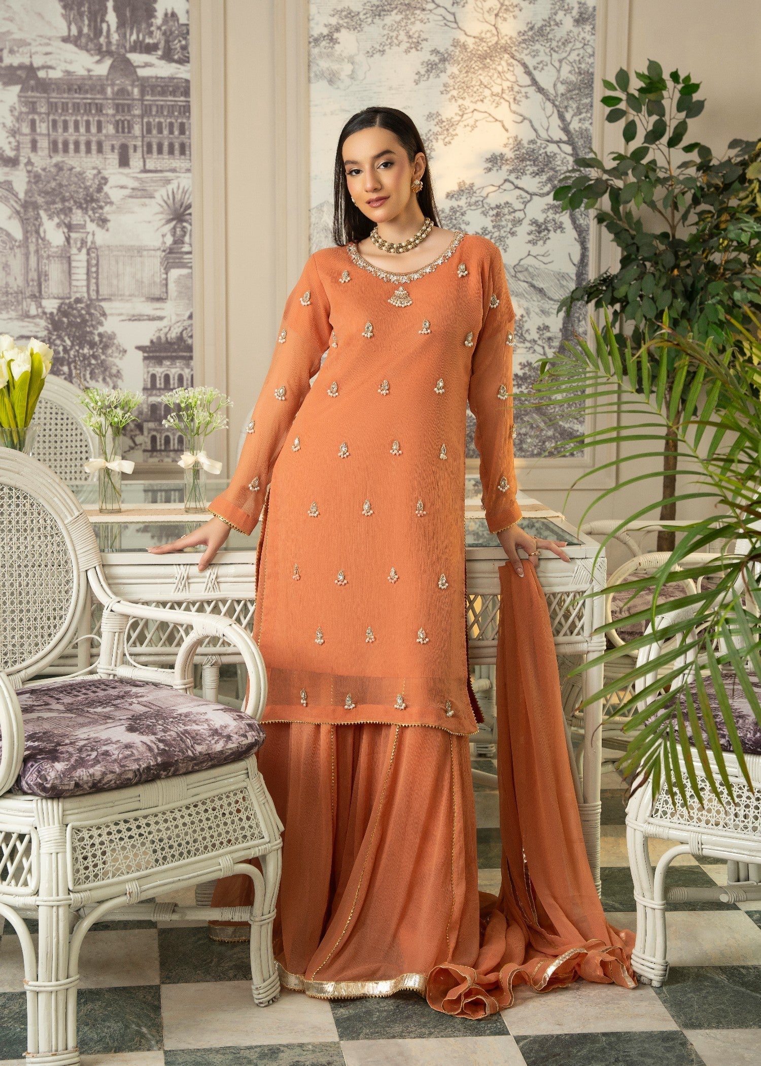 Maira Fashion Rust Orange Sharara Women 4pcs