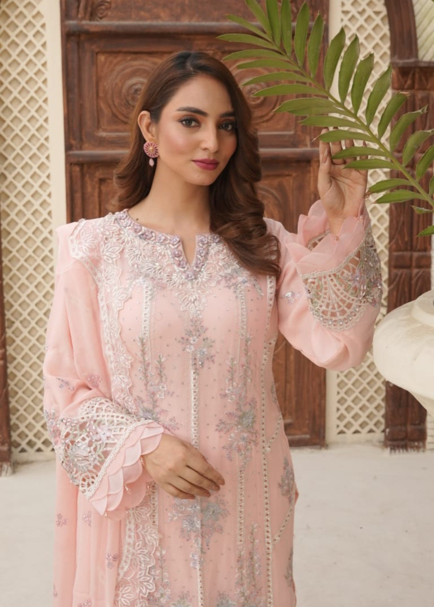 Designer Rack chiffon luxury embraided pink Women 3pcs