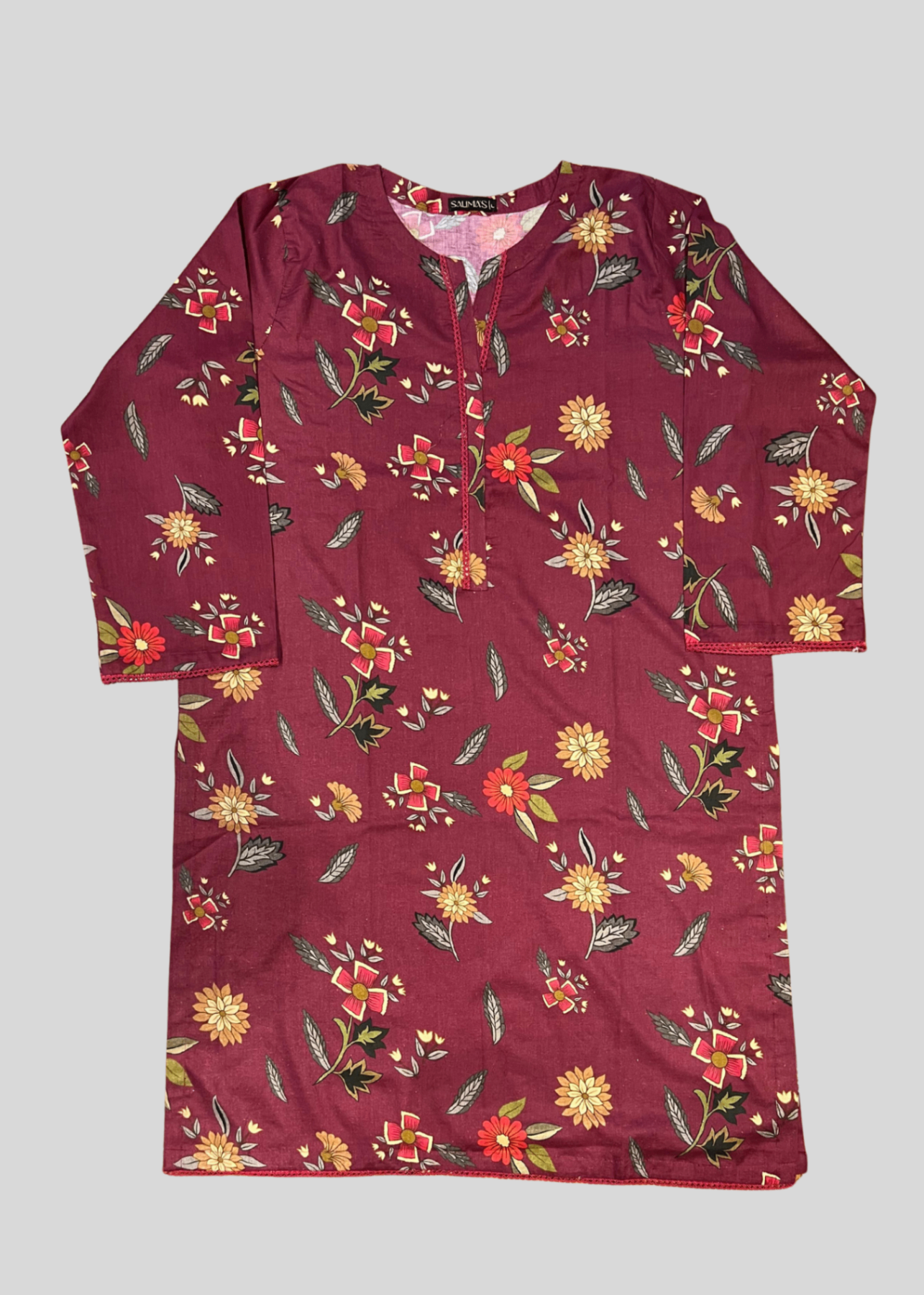 Salimas Stitched Lawn Suit – Maroon Floral Spring Wear Women 2pcs