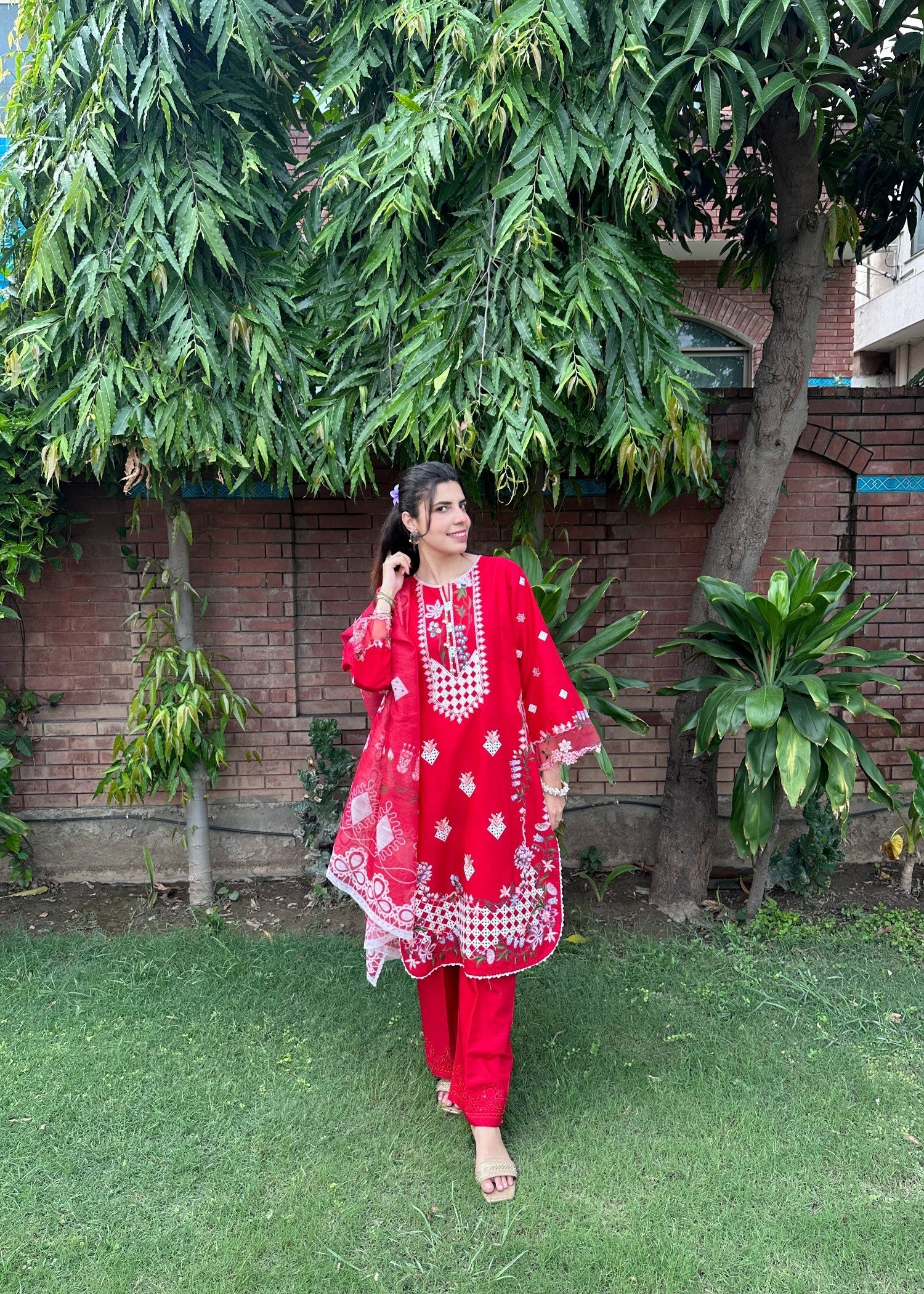 Attirepret Radiant Red Embroidered Cotton Suit by Women 3pcs