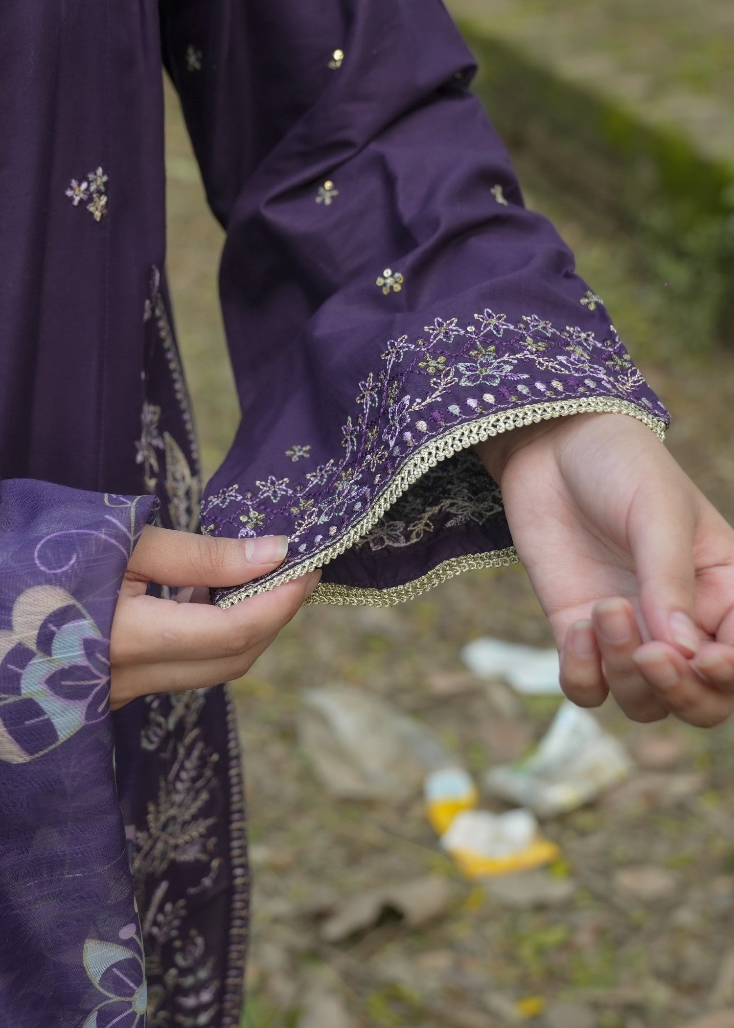 Attirepret Deep Plum Cotton Embroidered Suit Women 3pcs