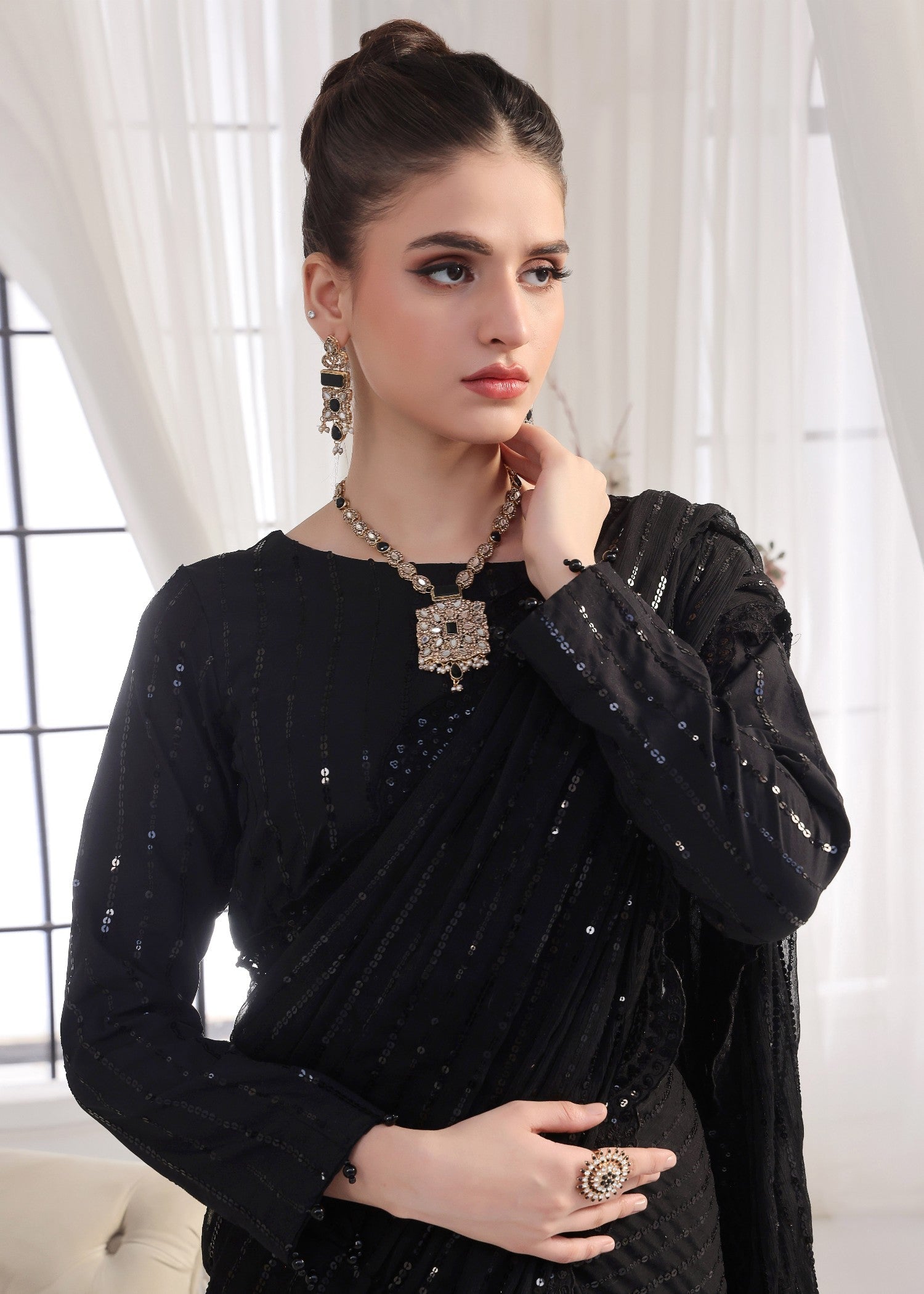 Luxeurs Black Chiffon Stitched Saree Women 3pcs
