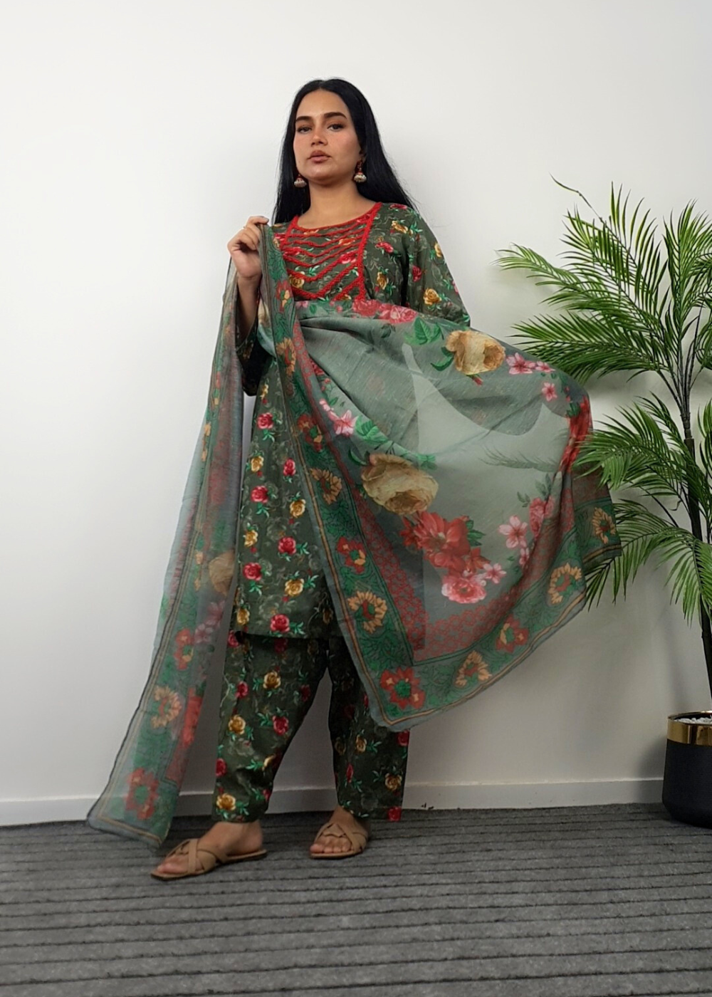 Namal Zara Ltd Summer Pret Lawn Olive Green Floral Design Women 3pcs