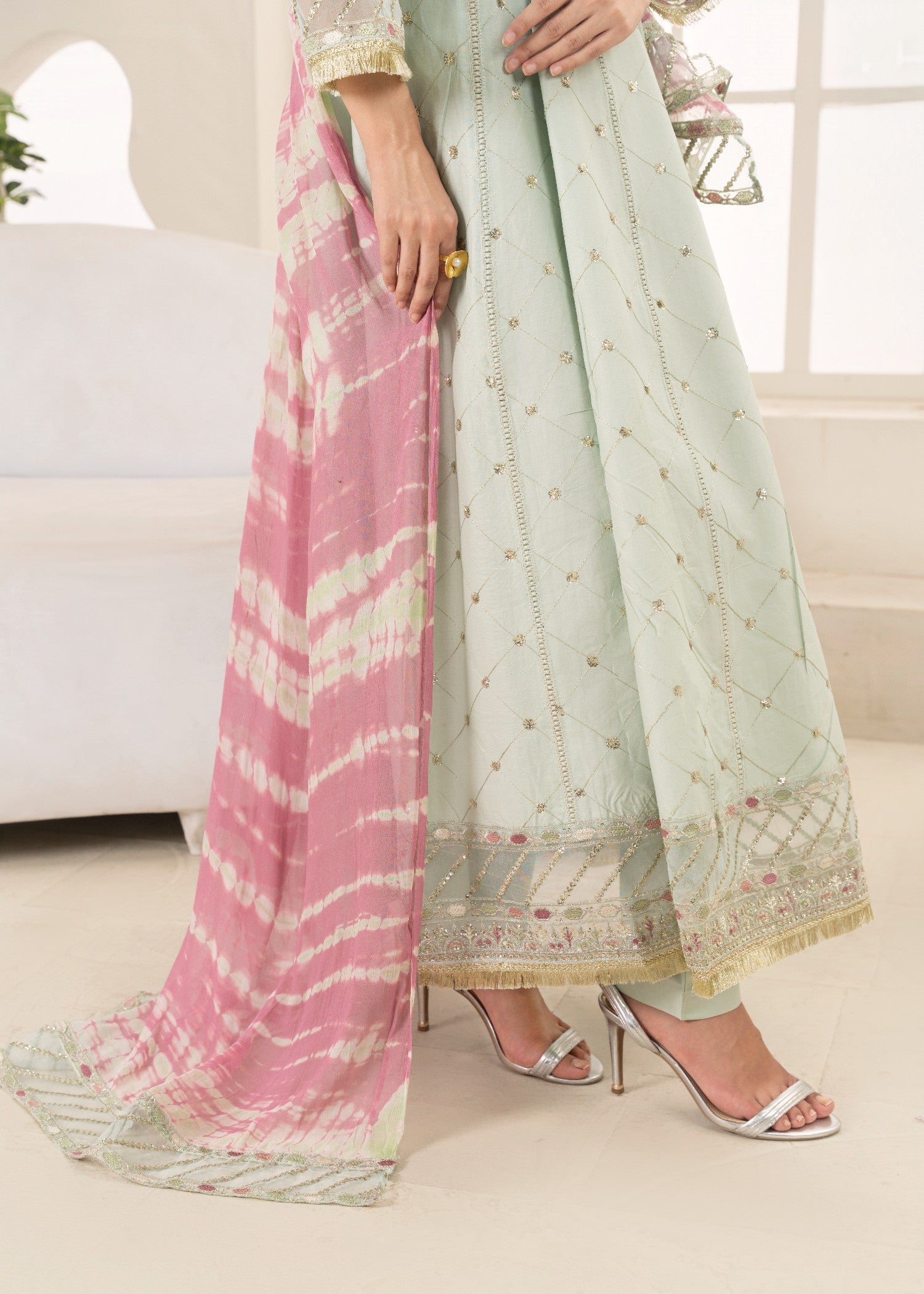 Khubsurat 3802 KH CT Tea Green Embroidery Long Frock Cotton Women 3pcs