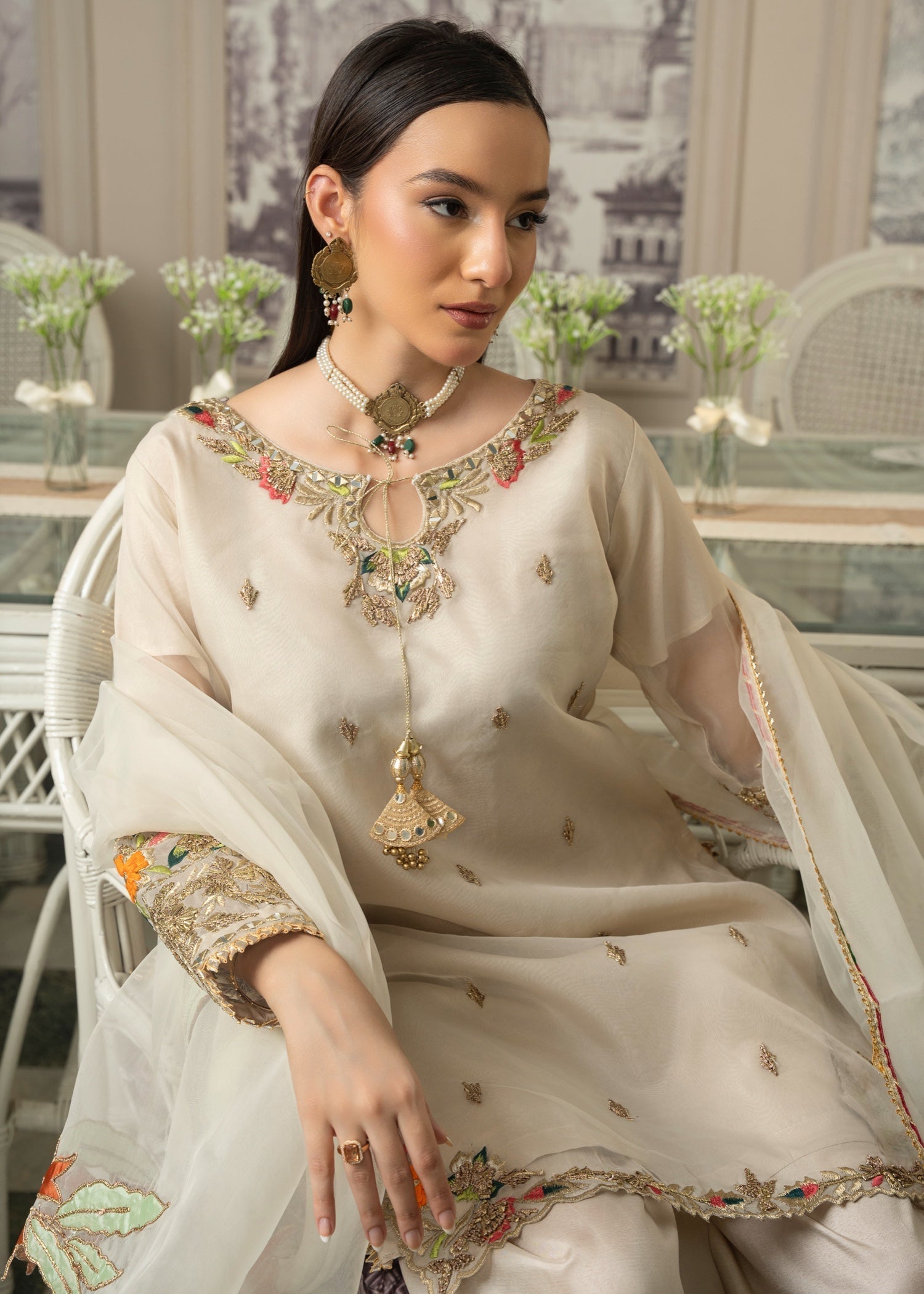 Maira Fashion Beige Embroidered Kurta set Women 4pcs