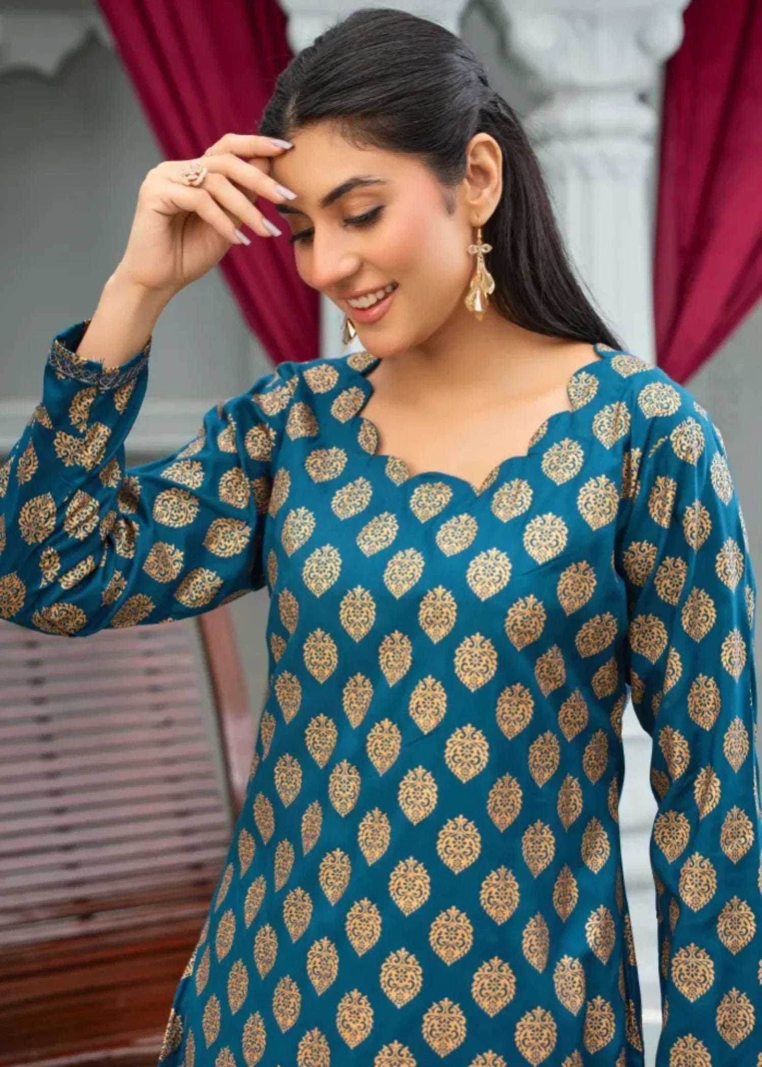 Designer Rack block print teal blue Women 2pcs