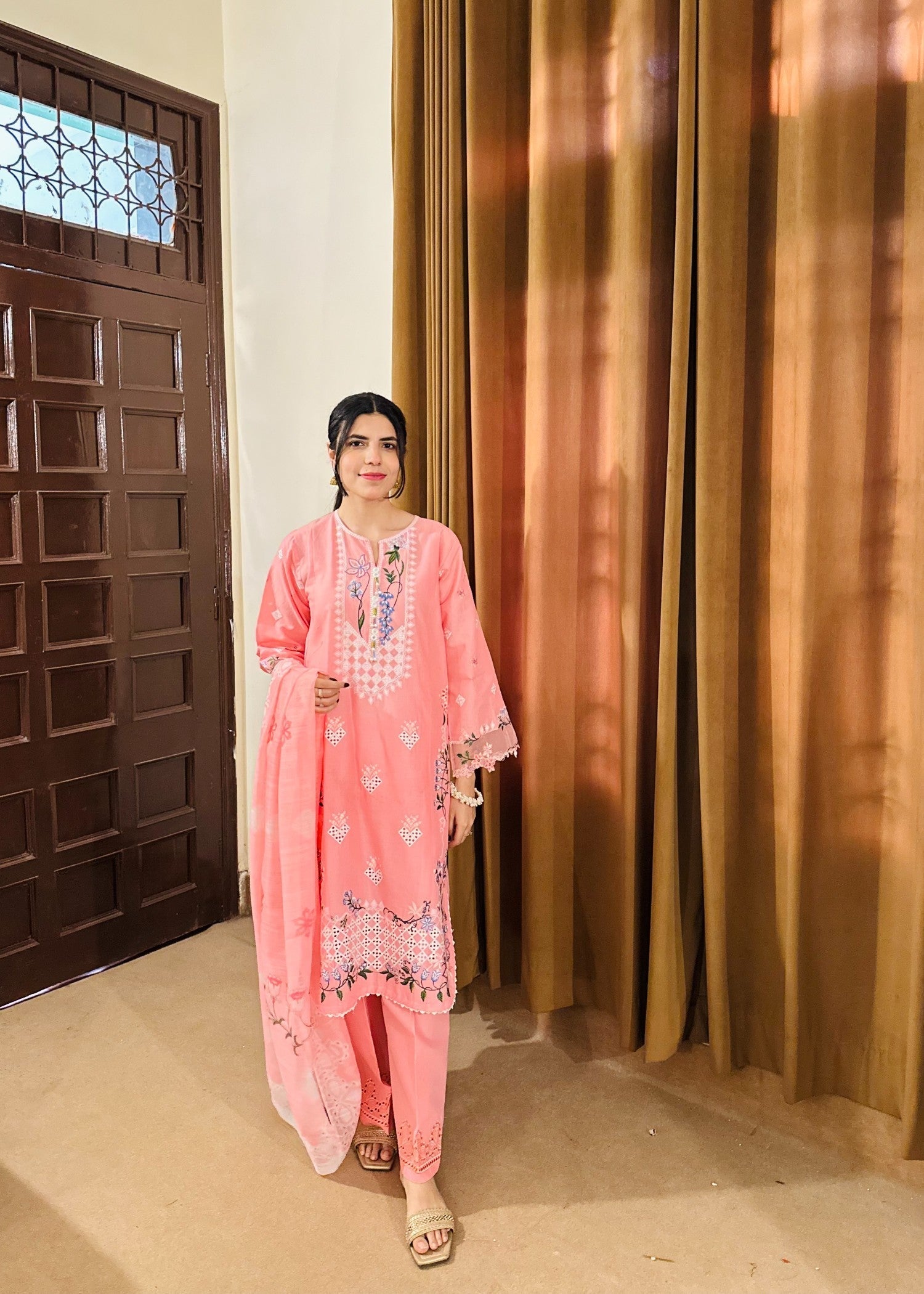 Attirepret Soft Pink Cotton Embroidered Women 3pcs