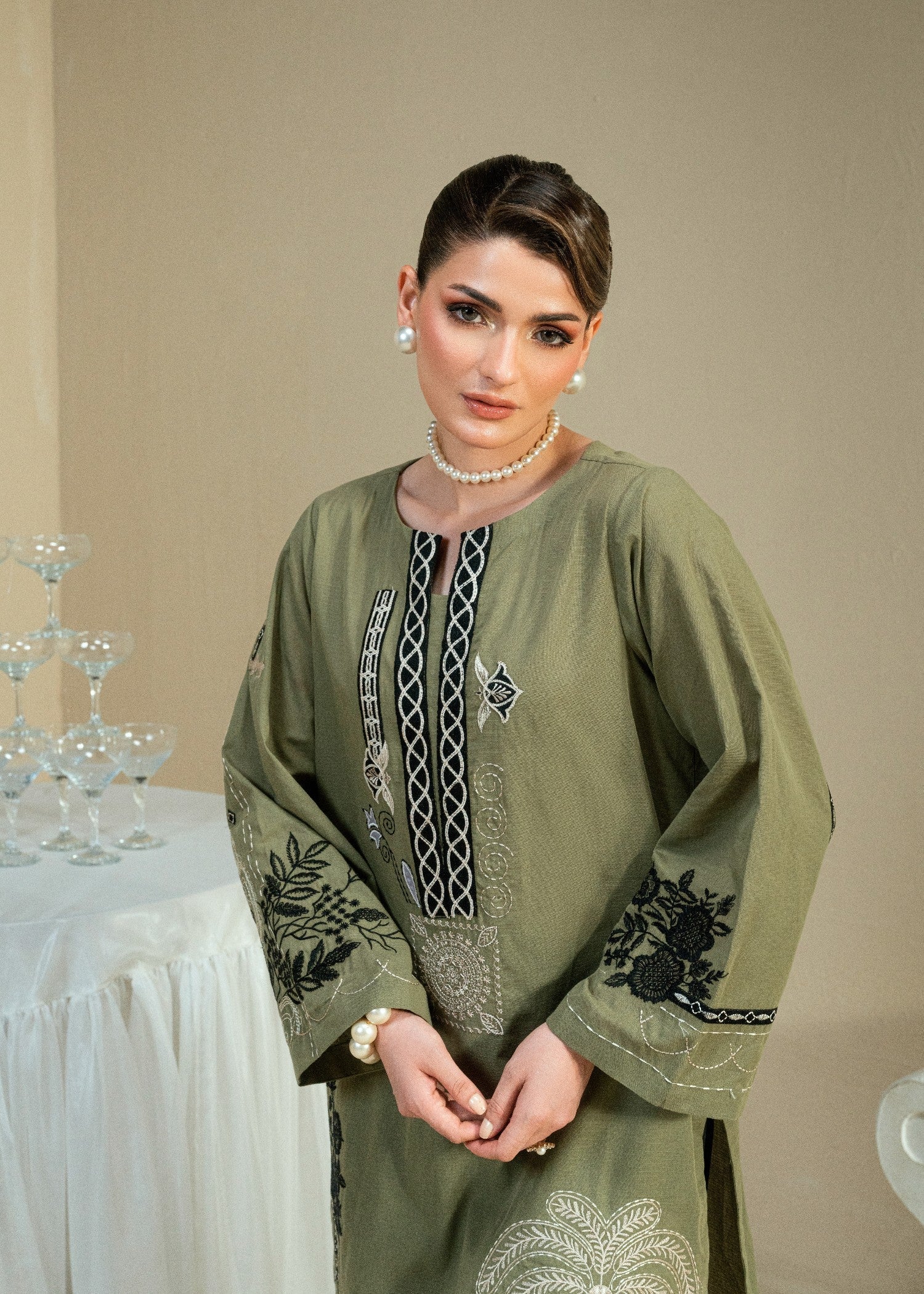 Kaanthaa KPES03 OLIVE COTTON DOBBY STITCHED Women 2pcs