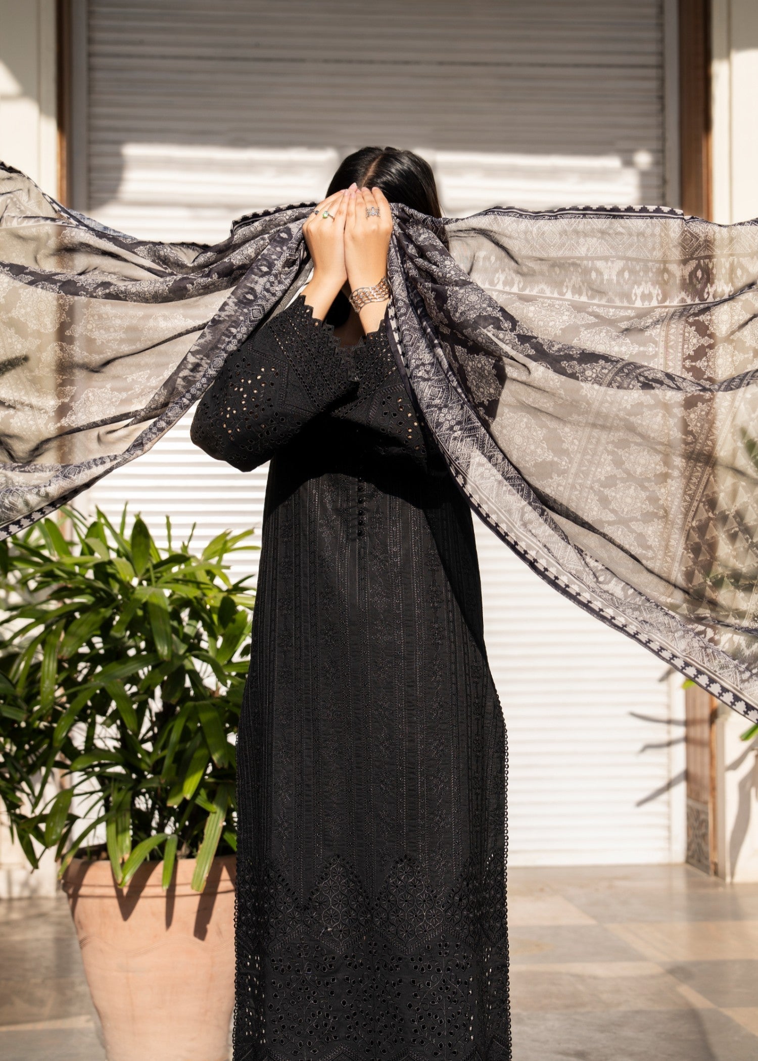 Casual Lite Cotton Emb Suit Black 2 Women 3pcs