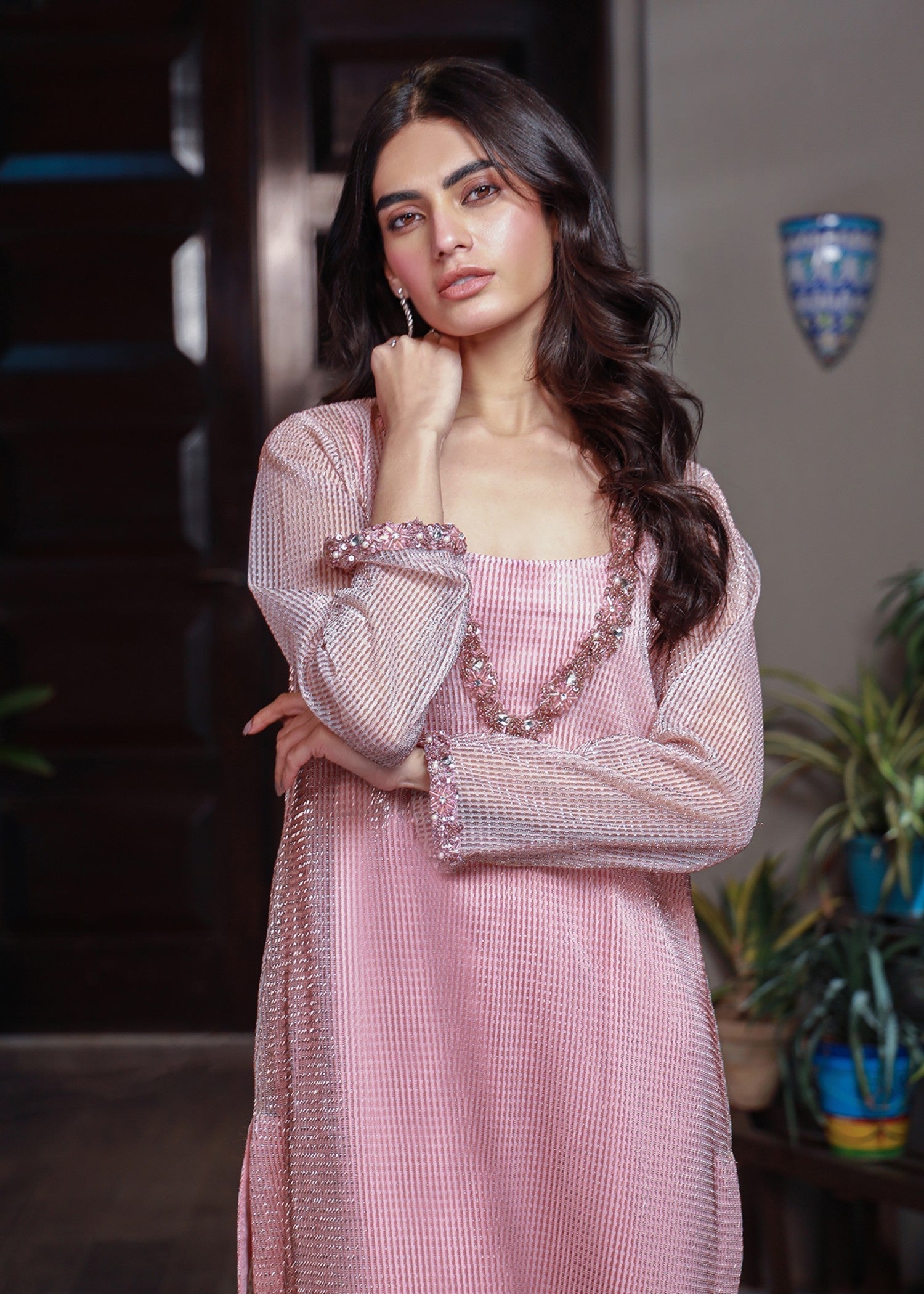 VELOUR Sparkling Pink Hand Embroidered Dress Women 3pcs