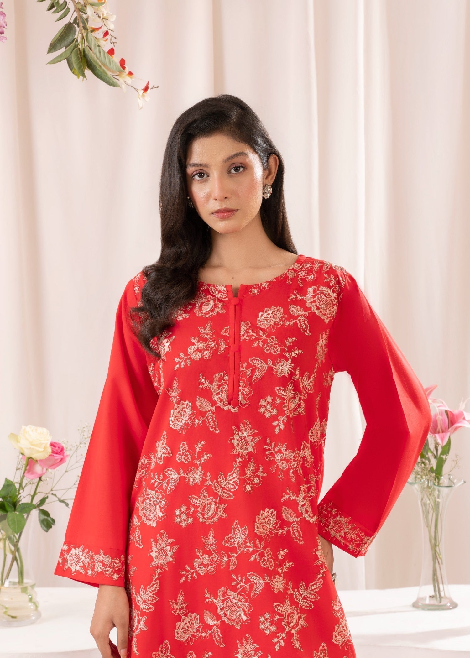 Musani Embroidered Lawn Stitched Shirt Red Women 1pcs