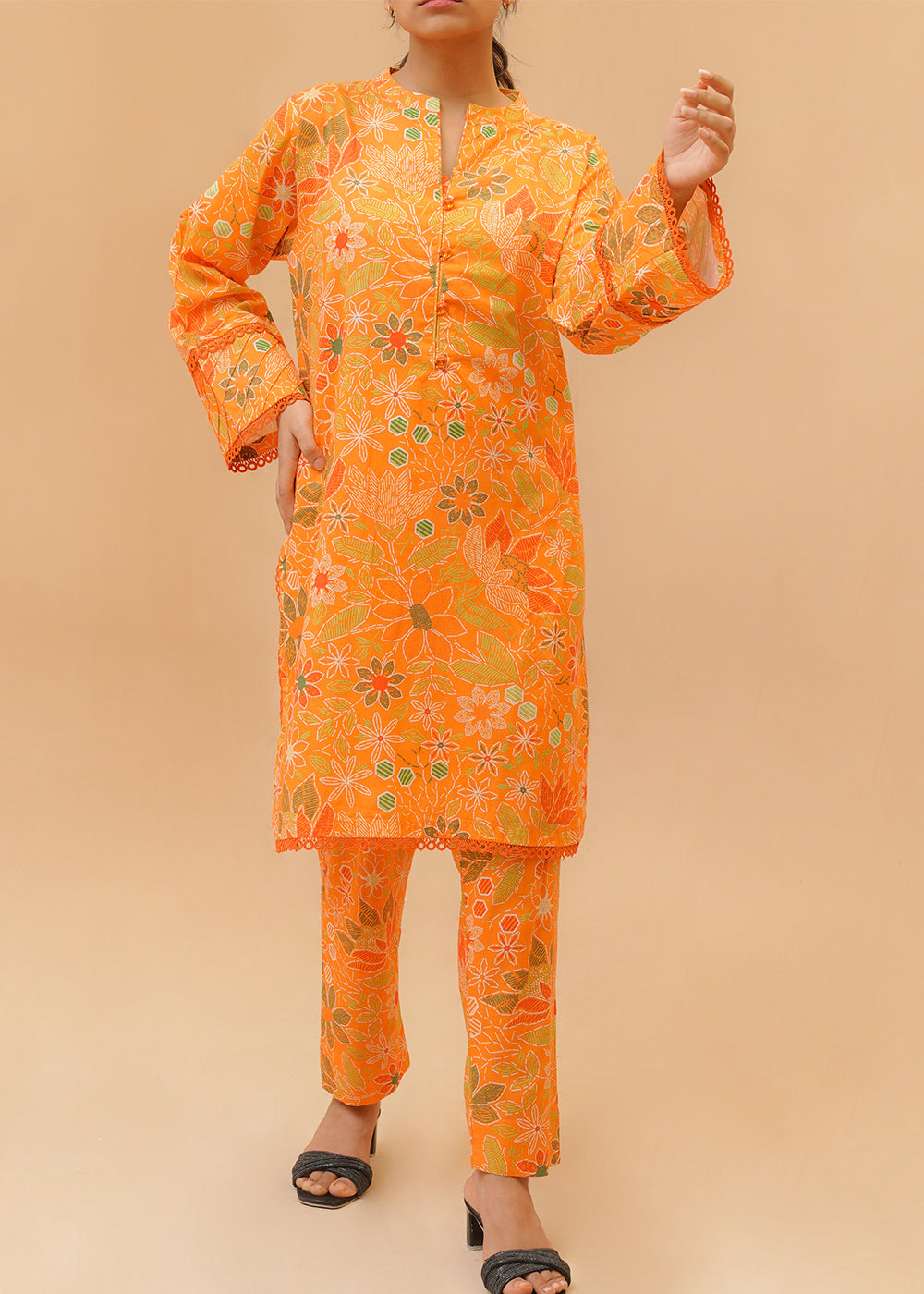 Green Orange Printed lawn stitched suit co ord set Women 2pcs