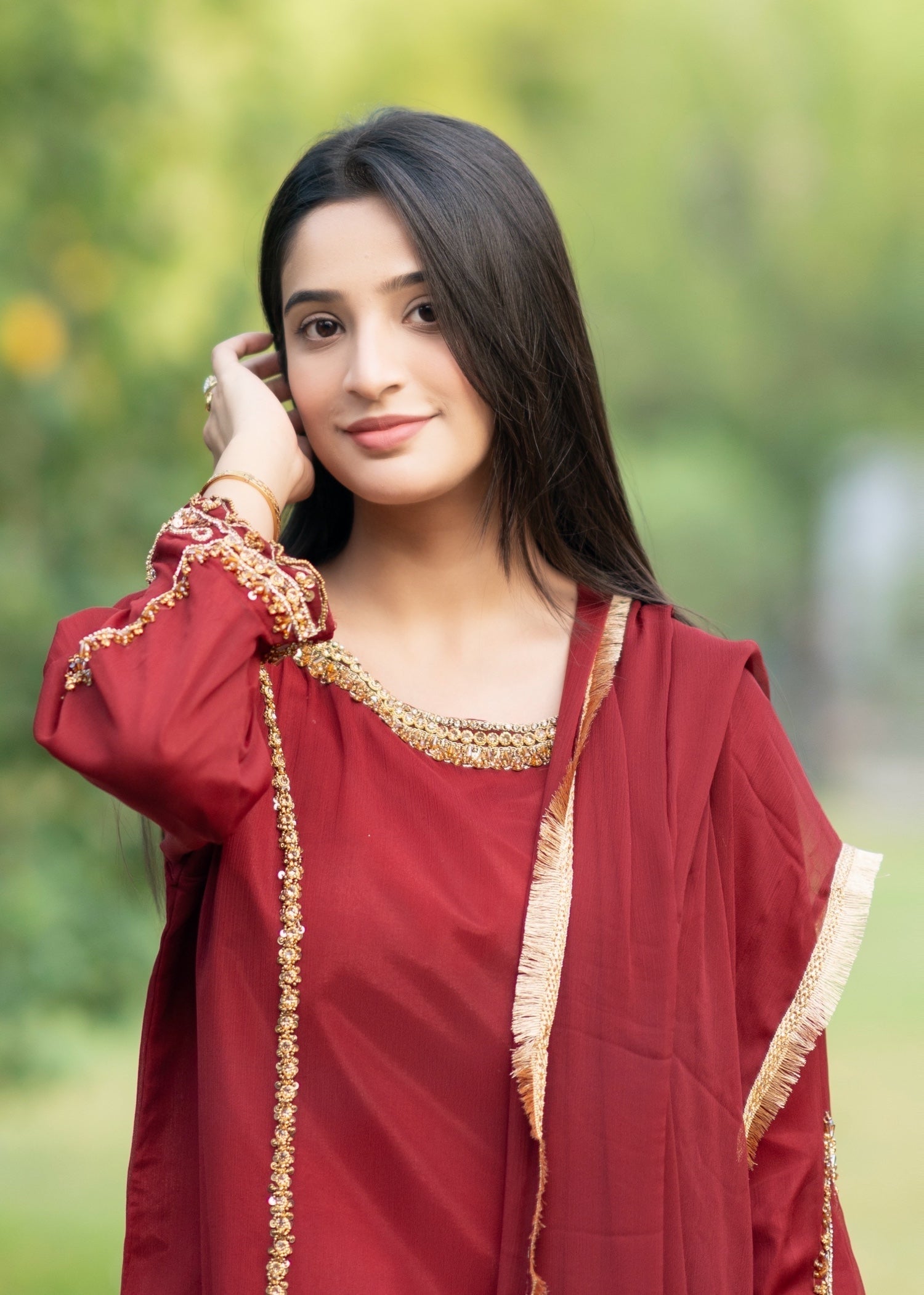 Suits By Sadia Maroon chiffon decent Women 3pcs