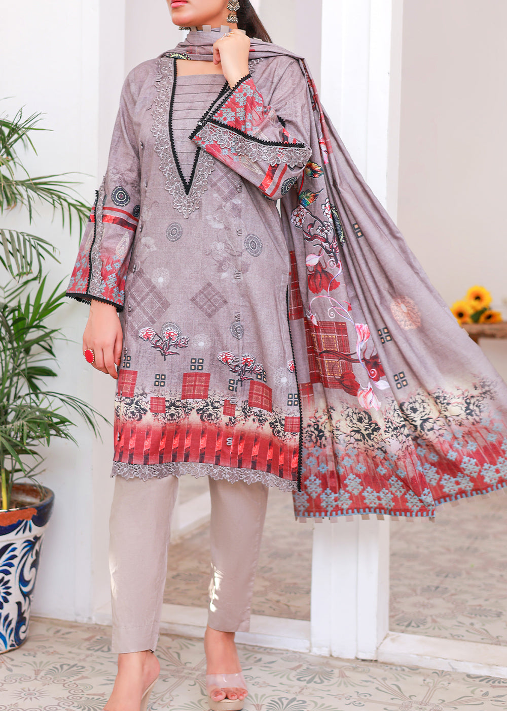 Green Gray Printed lawn stitched suit Women 3pcs