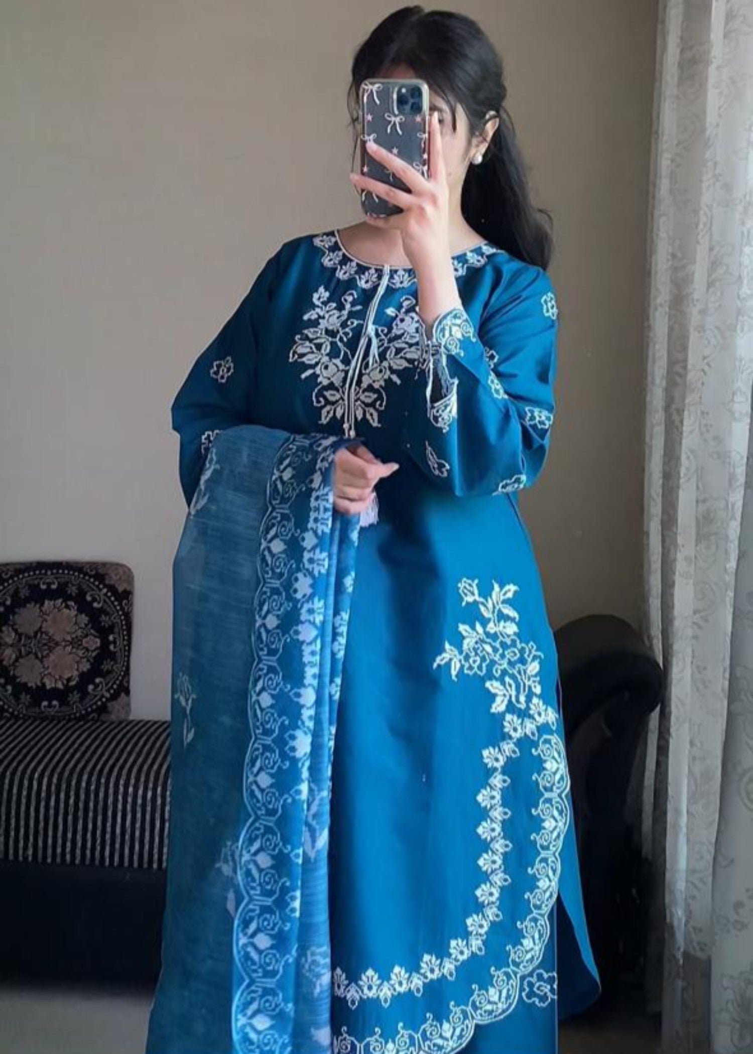 Attirepret Sapphire Blue Embroidered Cotton Suit Women 3pcs