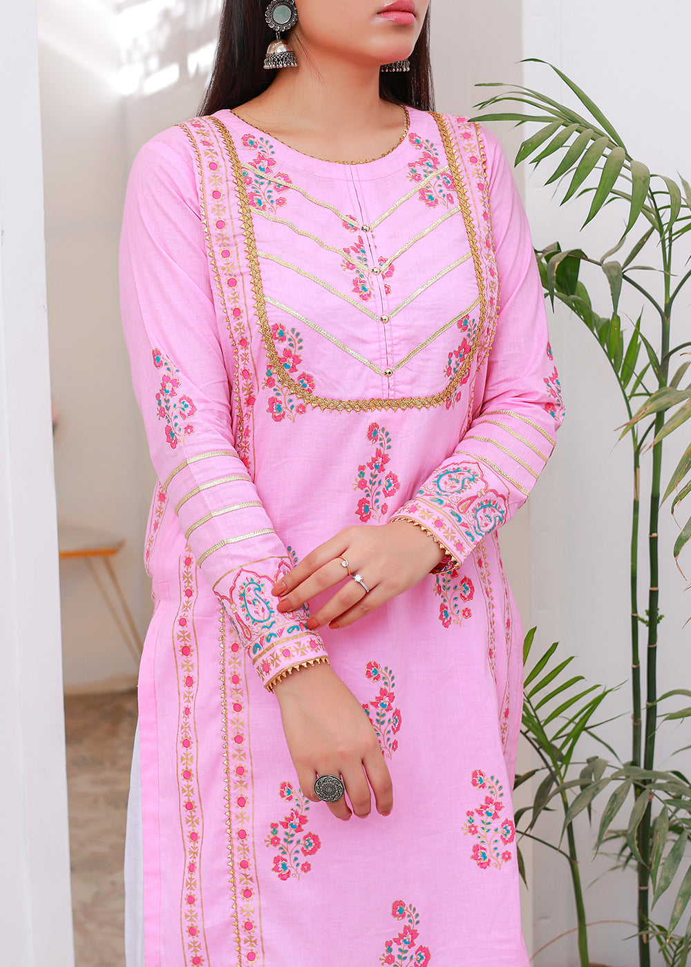 Green Block print Kurti Stitched Pink Women 1pcs