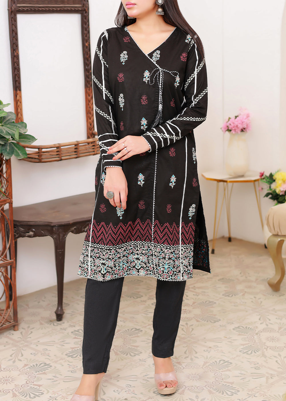 Green Black lawn block print stitched kurti Women 1pcs