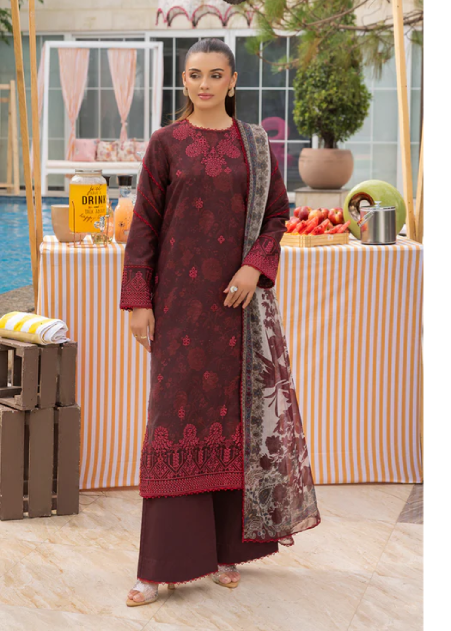 Meeral Luxe Mehroon Twilight Flora Women 3pcs