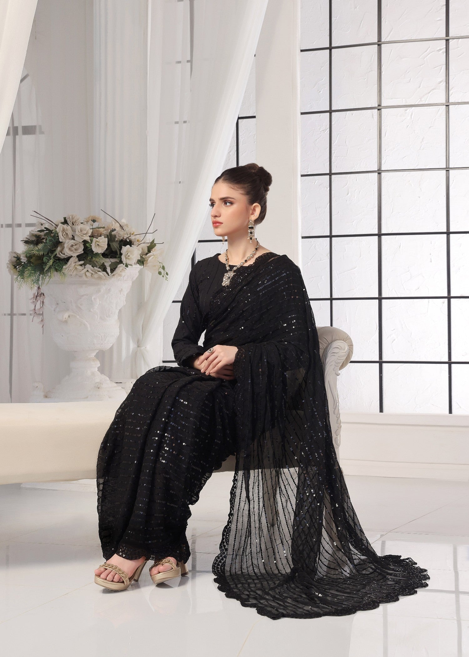 Luxeurs Black Chiffon Stitched Saree Women 3pcs