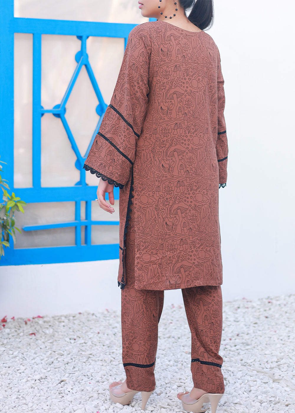 Green Stitched suit Co Ord Set printed brown color Women 2pcs