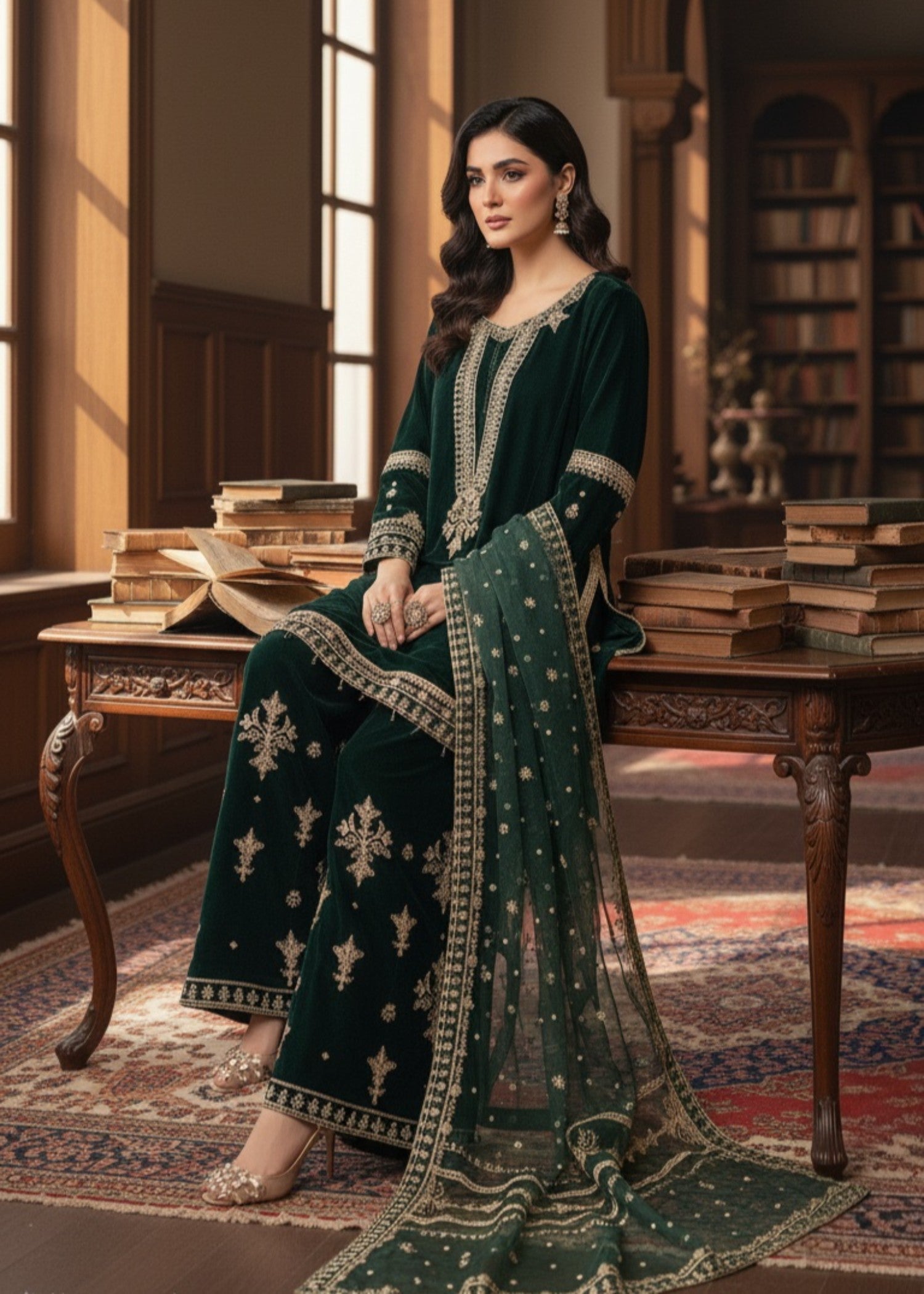 Pehnawa By Bin Akram’s Dark Green Regalia | Velvet Women 3pcs