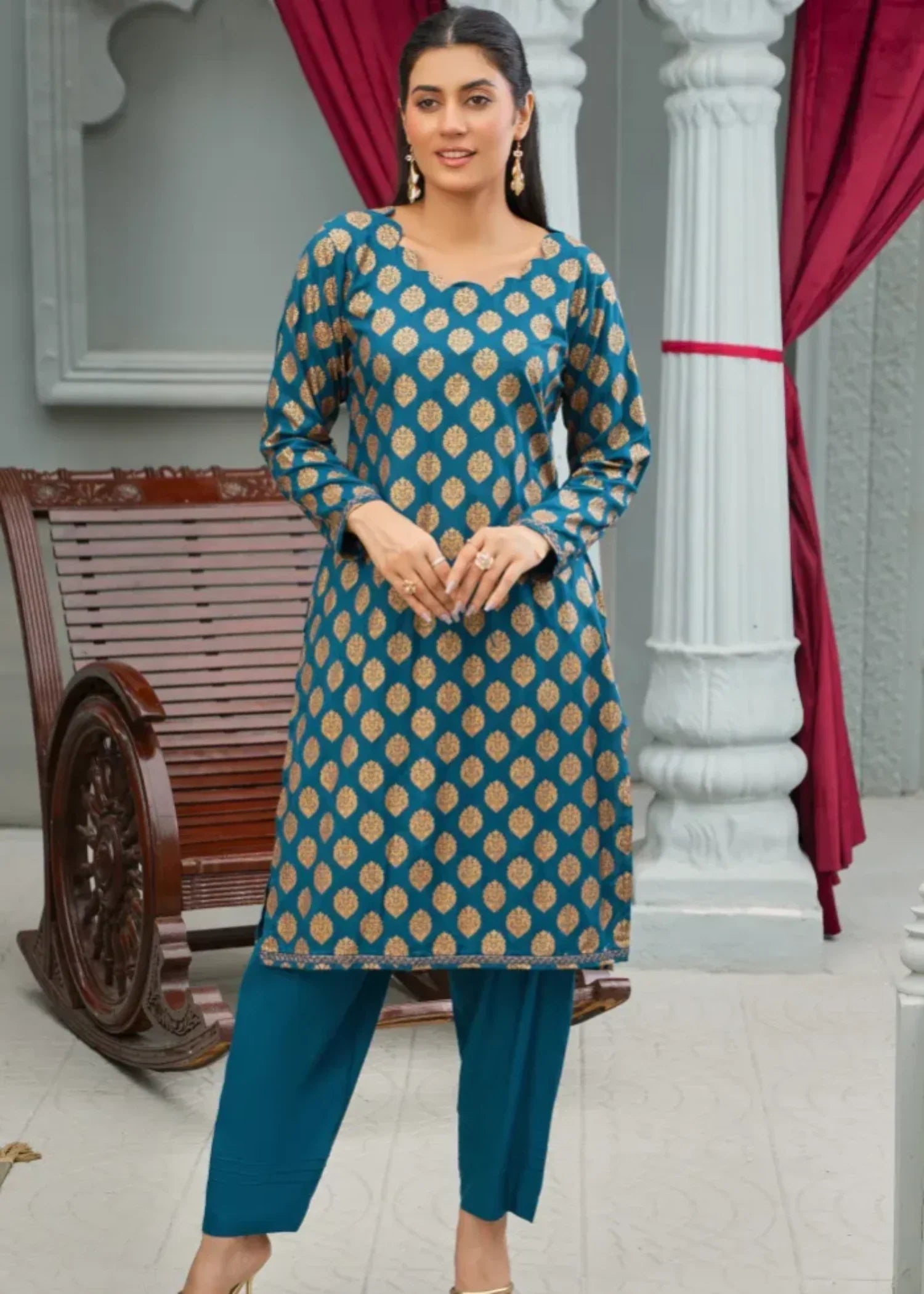 Designer Rack block print teal blue Women 2pcs